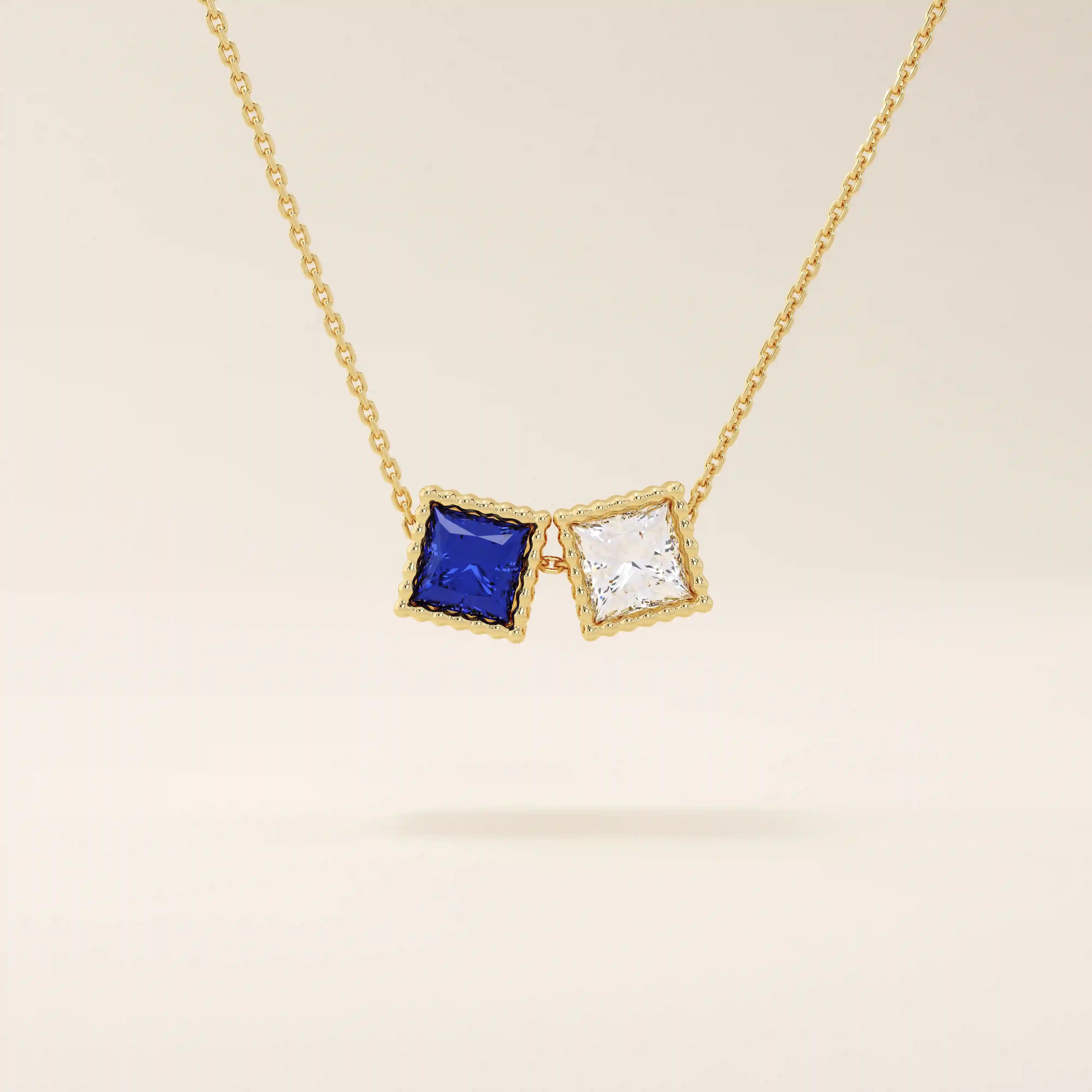 14k solid gold double princess square birthstone moving charm necklace for women