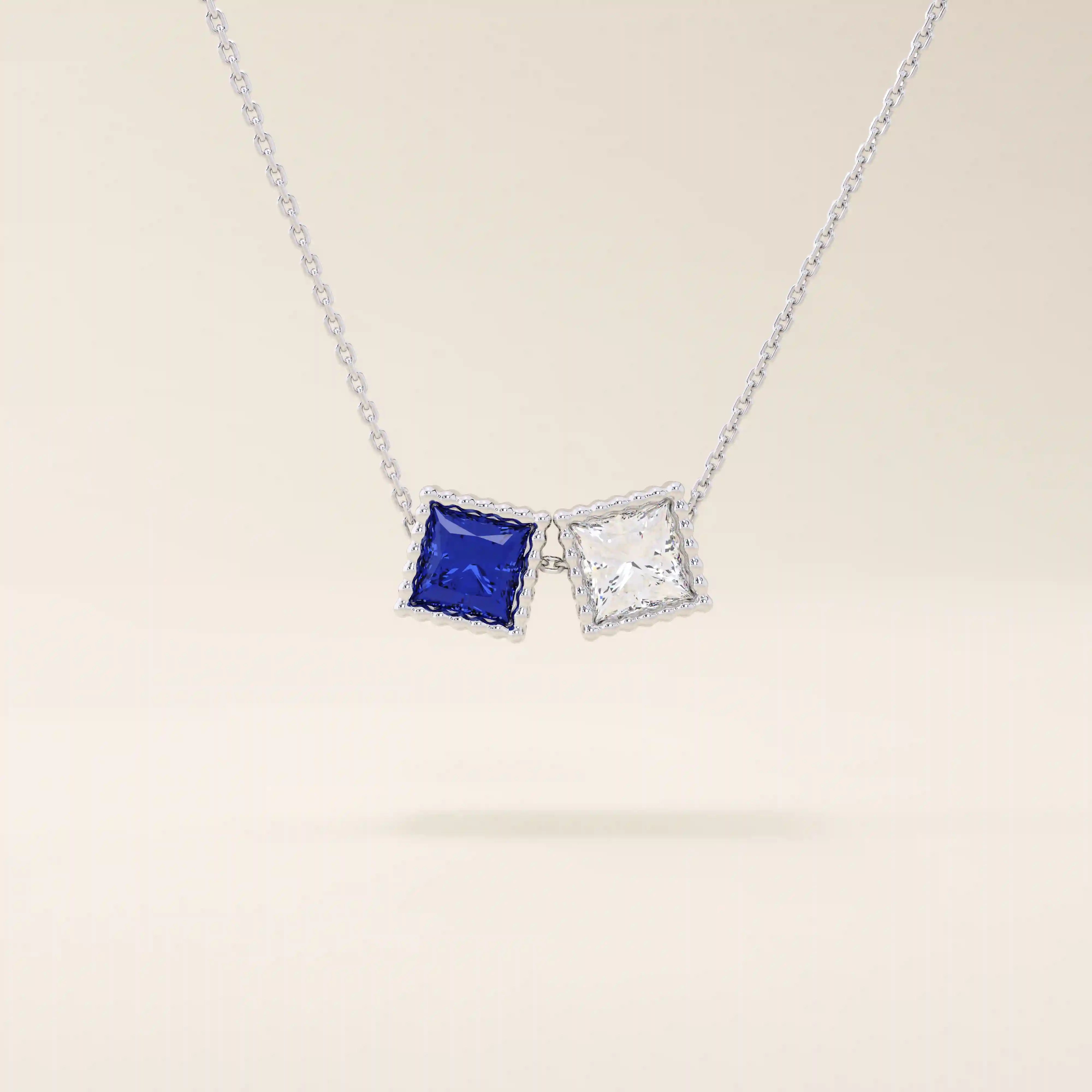 14k solid gold double princess square birthstone moving charm necklace for women
