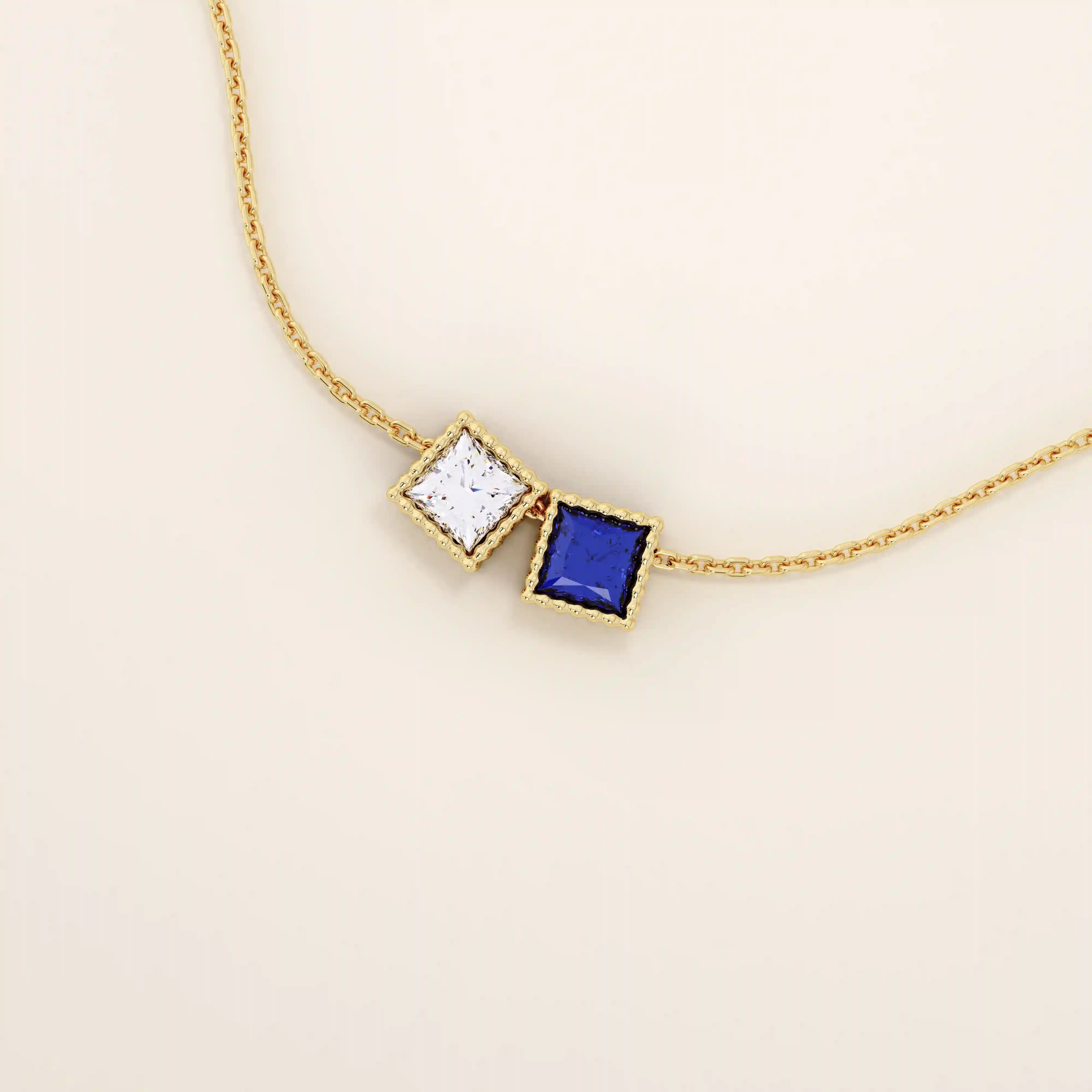 14k solid gold double princess square birthstone moving charm necklace for women