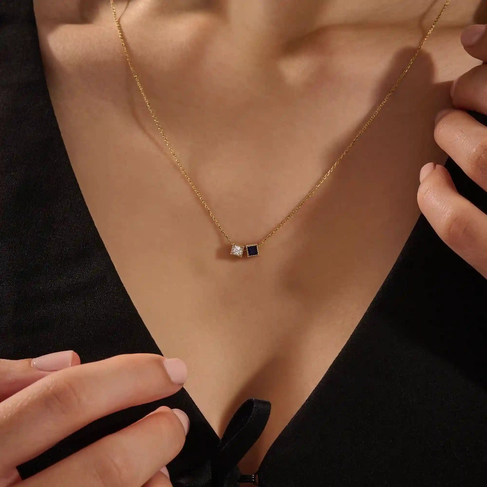 14k solid gold double princess square birthstone moving charm necklace for women