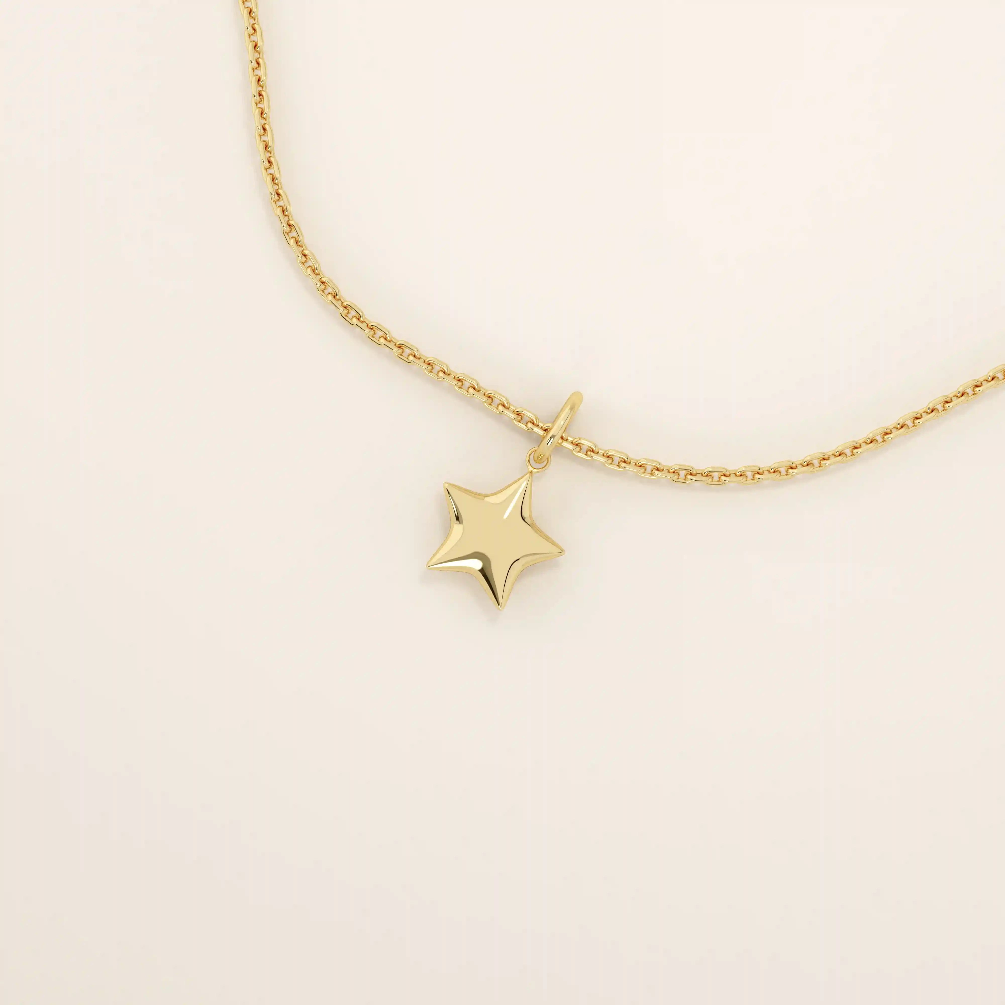 14K SOLID PLAIN YELLOW GOLD 3D STAR PENDANT NECKLACE FOR WOMEN