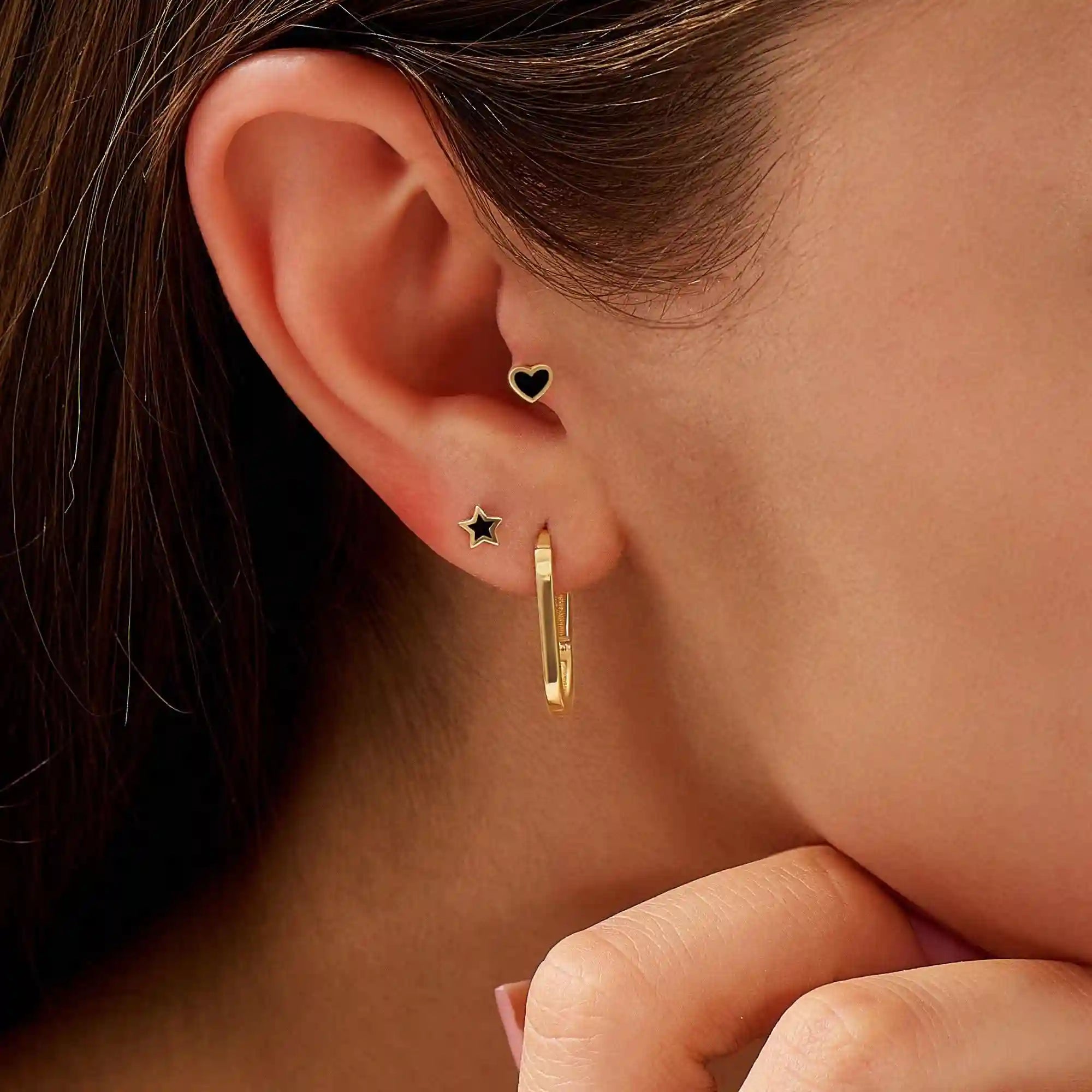 black enamel STAR tiny PIERCING IN solid GOLD with a screw back