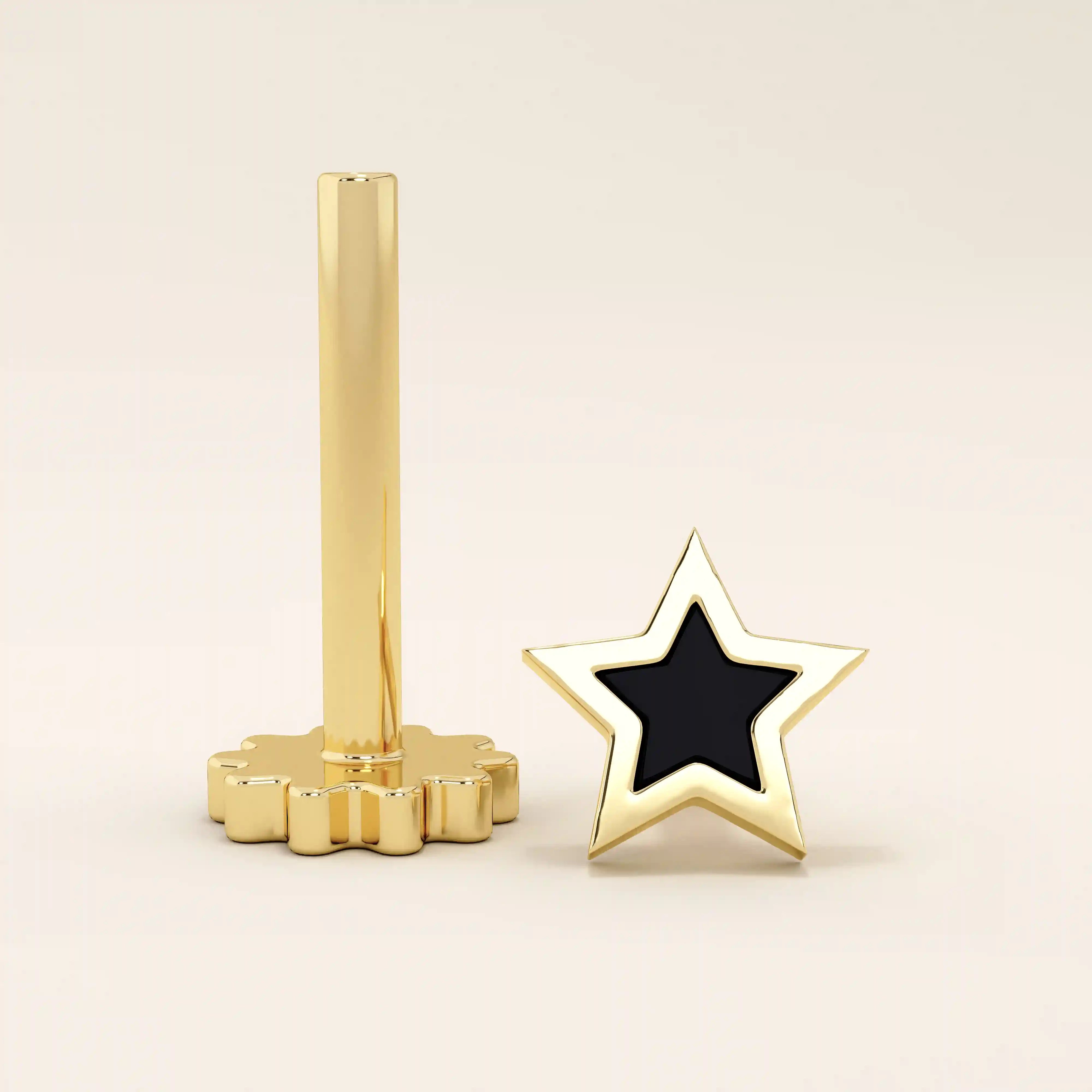black enamel STAR tiny PIERCING IN solid GOLD with a screw back