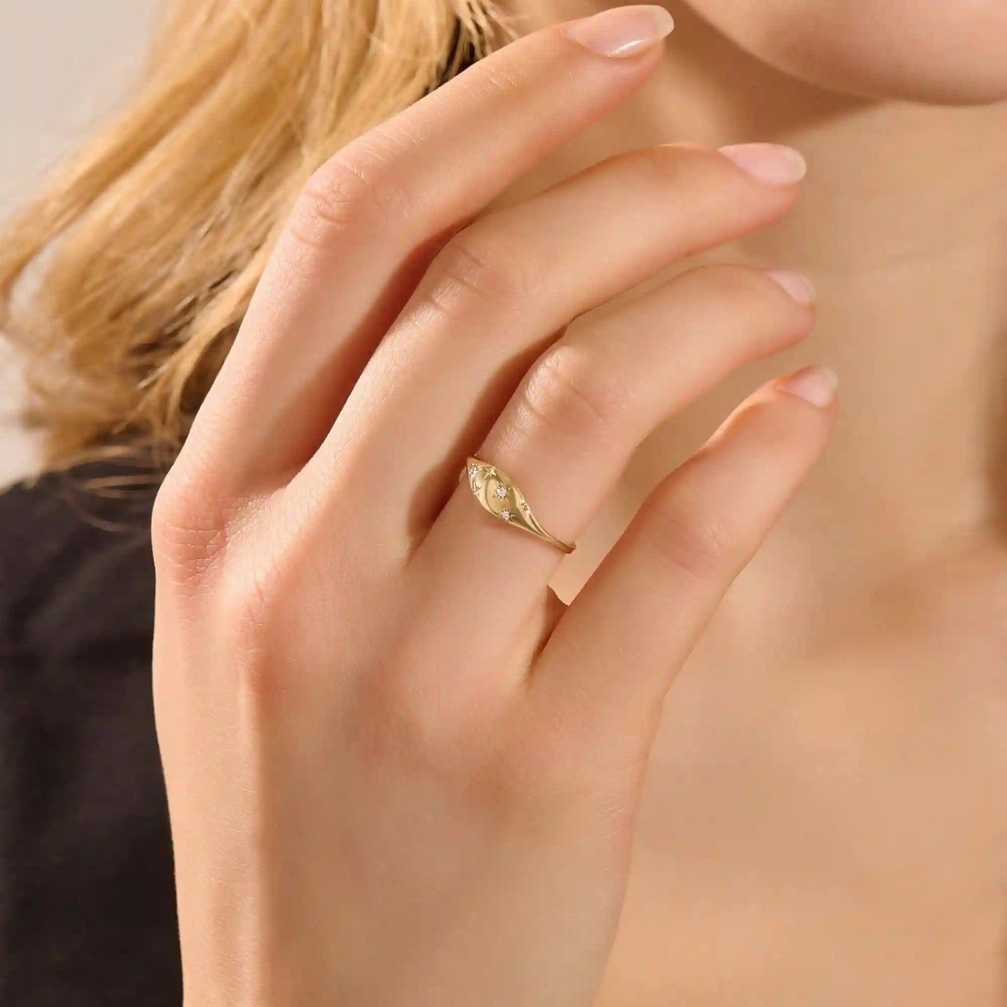 14k solid gold star celestial pinky signet statement ring for women with tiny moissanite stones