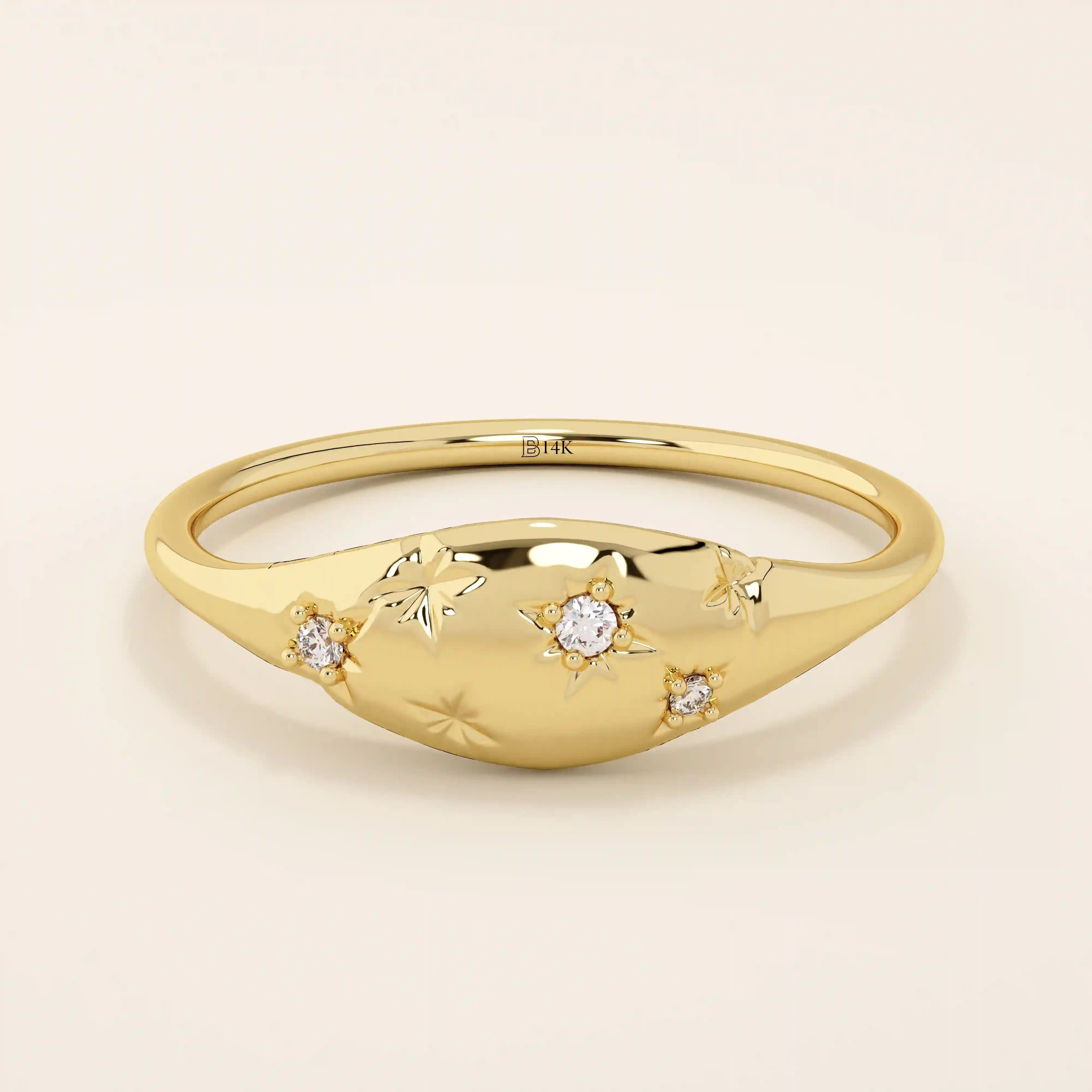 14k solid gold star celestial pinky signet statement ring for women with tiny moissanite stones