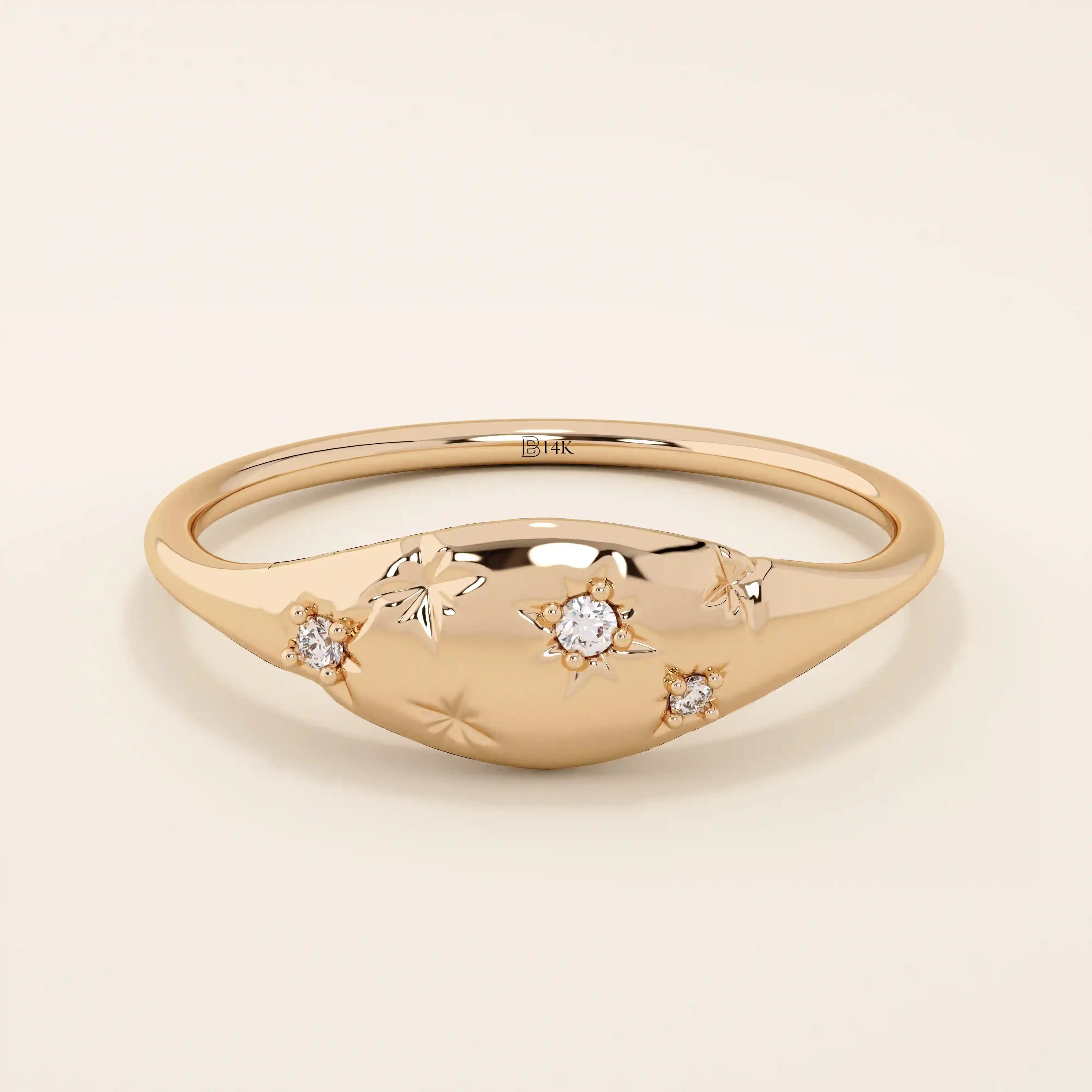 14k solid gold star celestial pinky signet statement ring for women with tiny moissanite stones