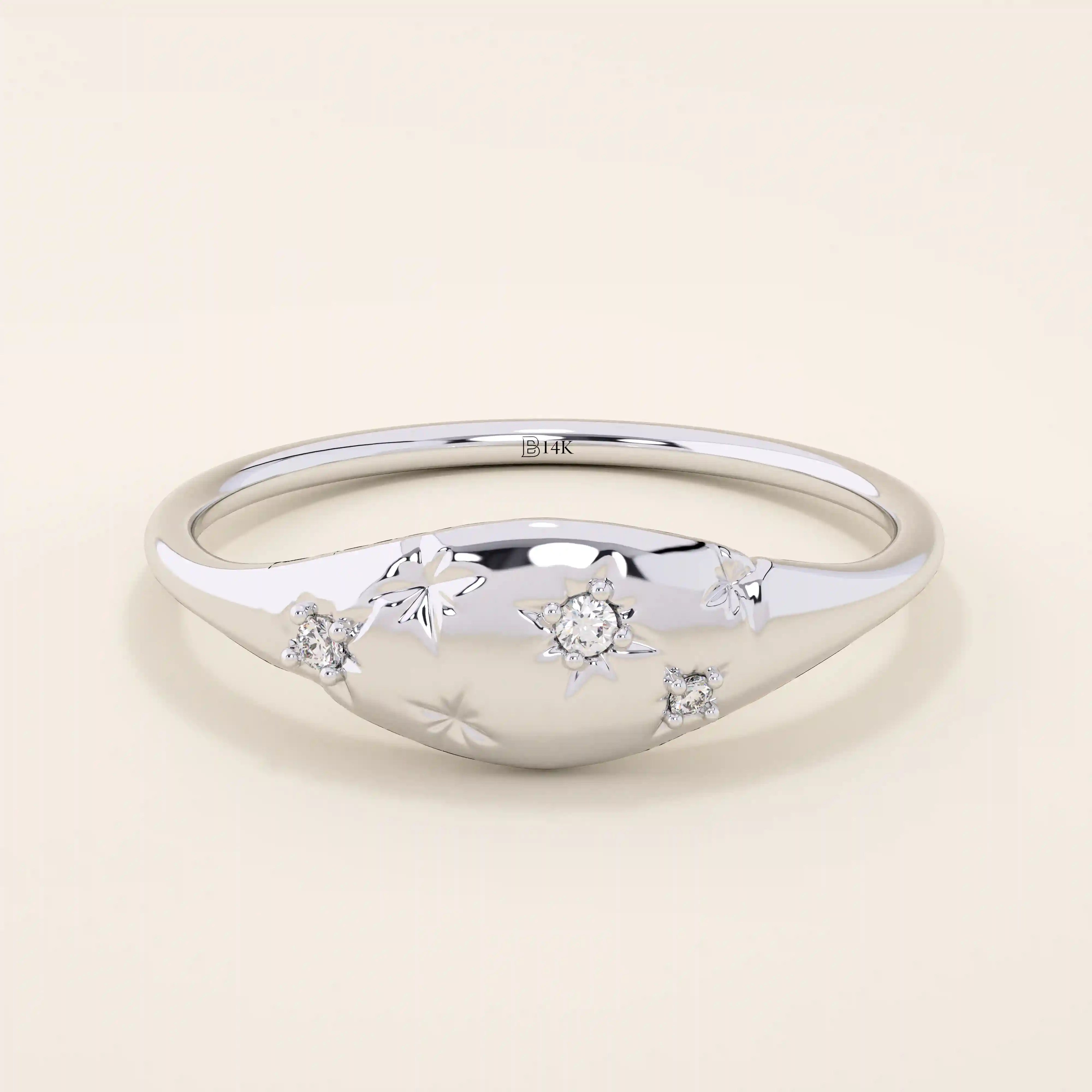 14k solid gold star celestial pinky signet statement ring for women with tiny moissanite stones