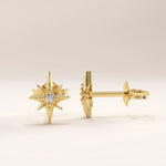 14k gold vermeil star stud earrings featuring a radiant eight-pointed star design with a sparkling cubic zirconia center, adding celestial charm to any look.
