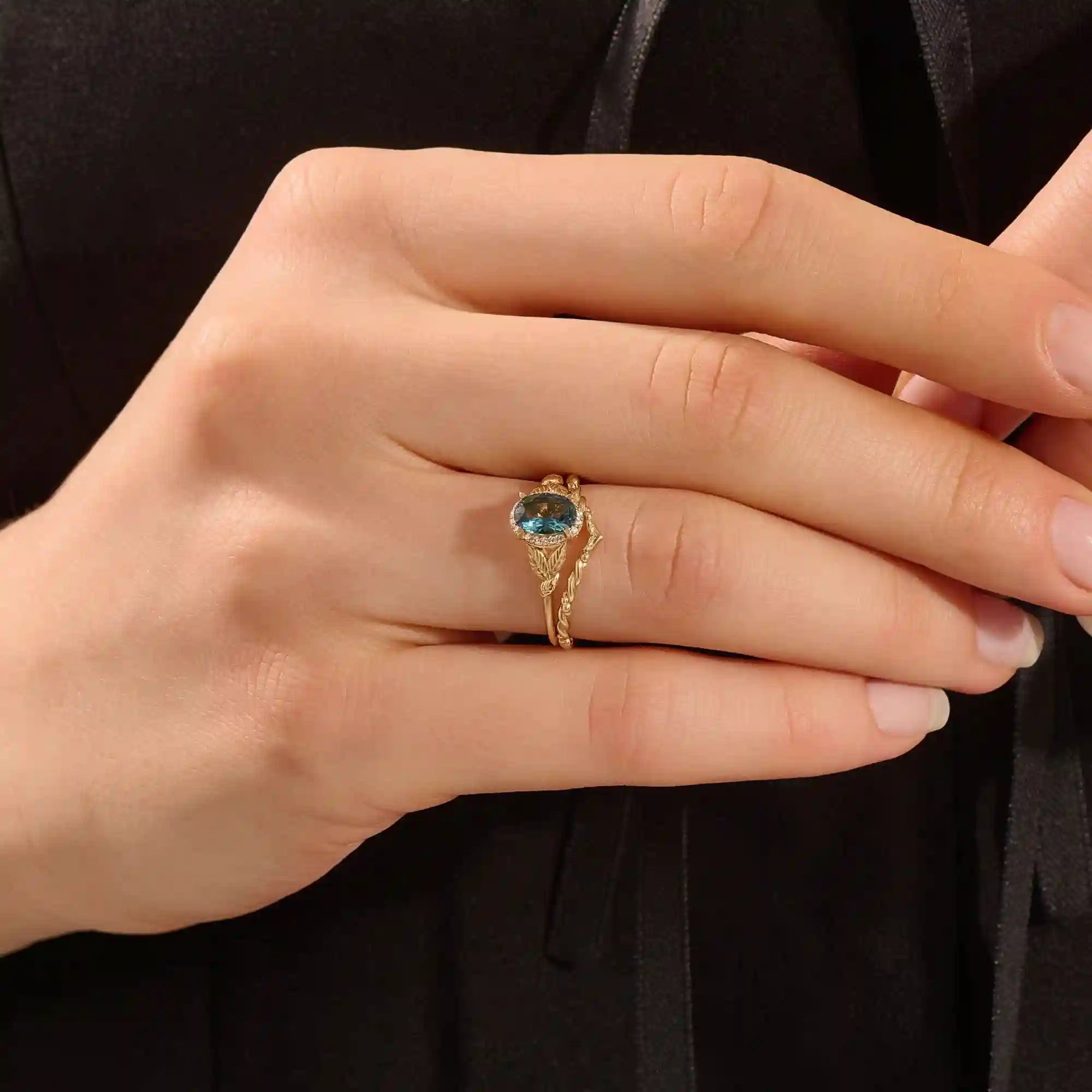 14k solid gold oval teal sapphire with halo pave moissanite stones engagement ring for women