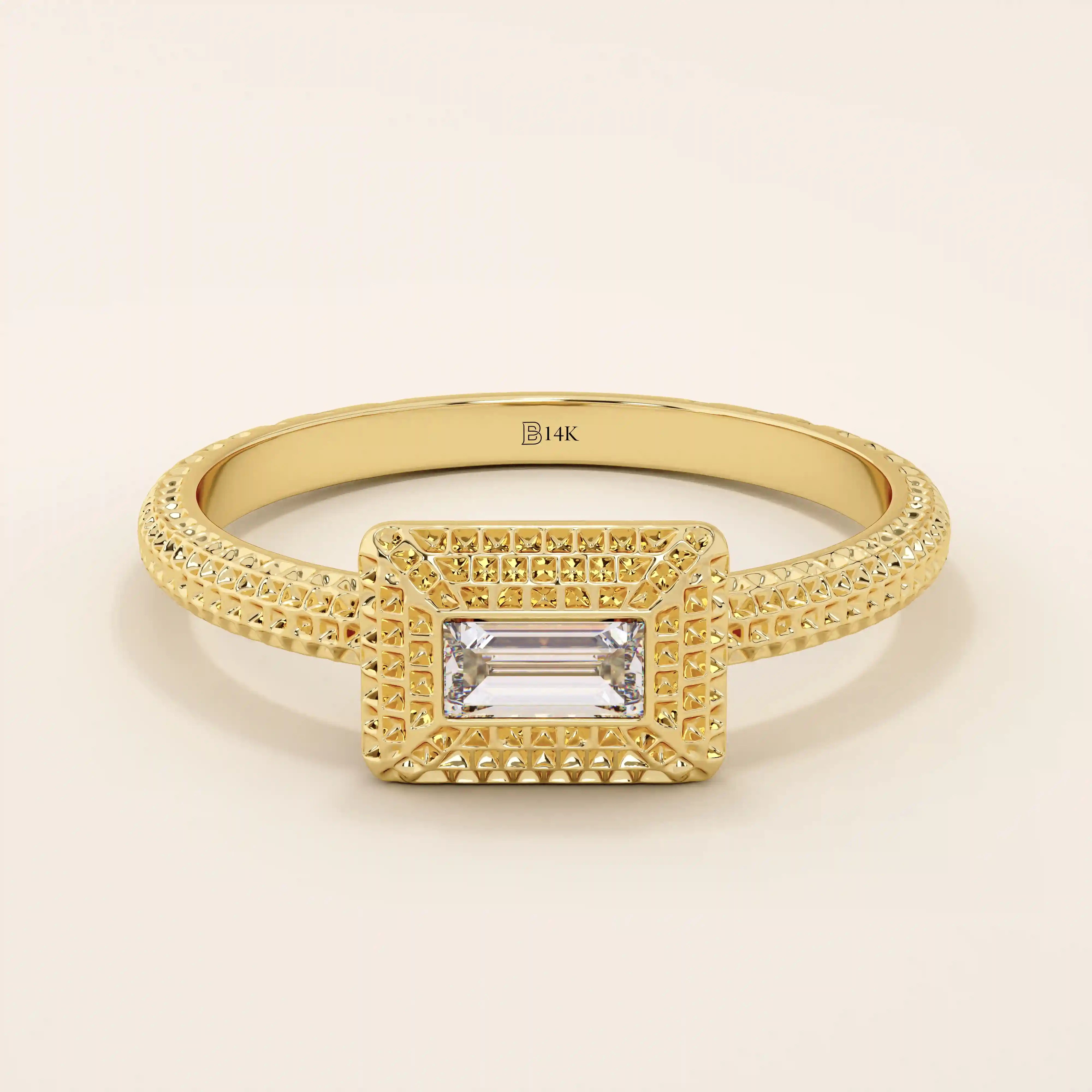 14k solid gold textured band bezel set baguette engagement ring for women