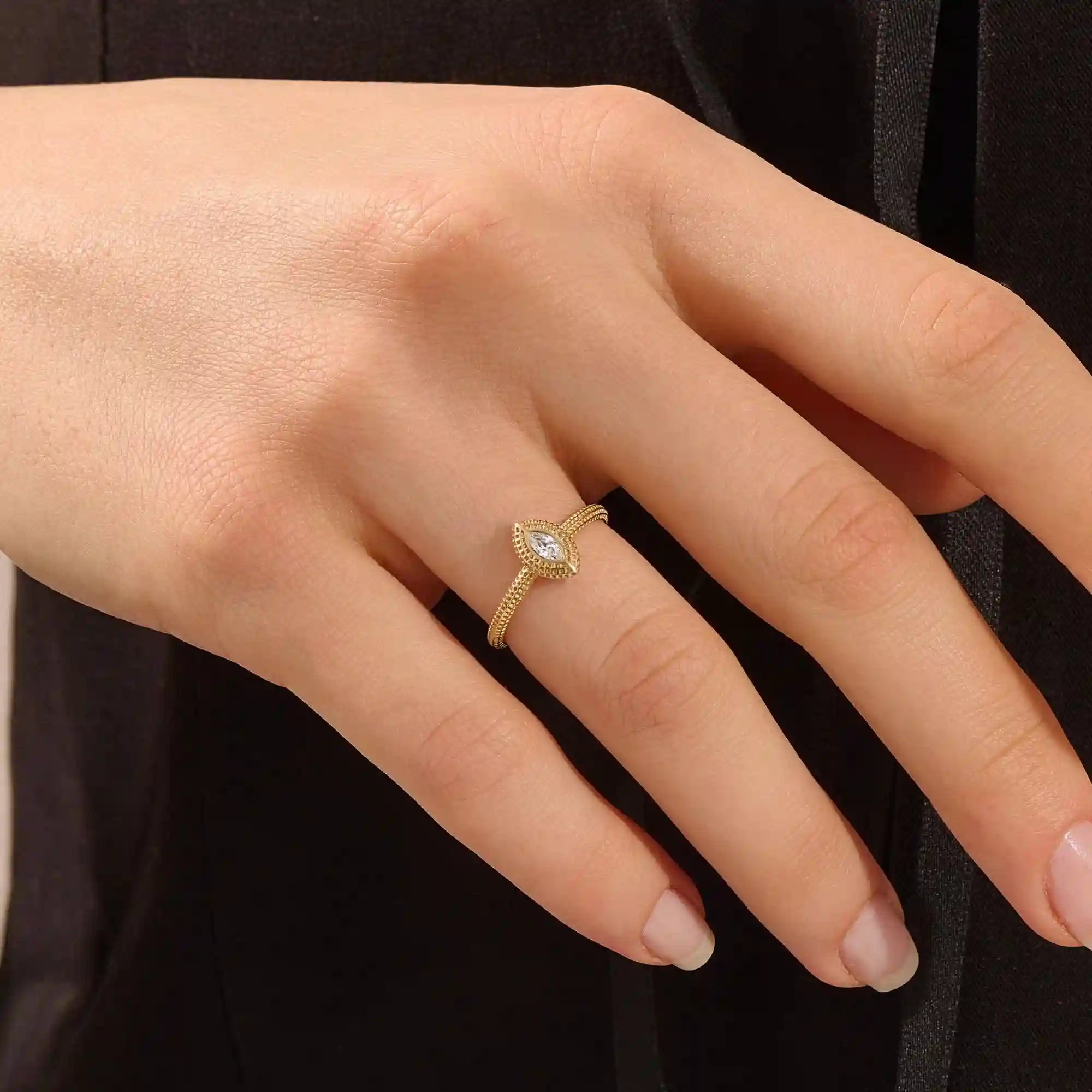 14K SOLID GOLD TEXTURED BAND BEZEL MARQUISE ENGAGEMENT RING FOR WOMEN