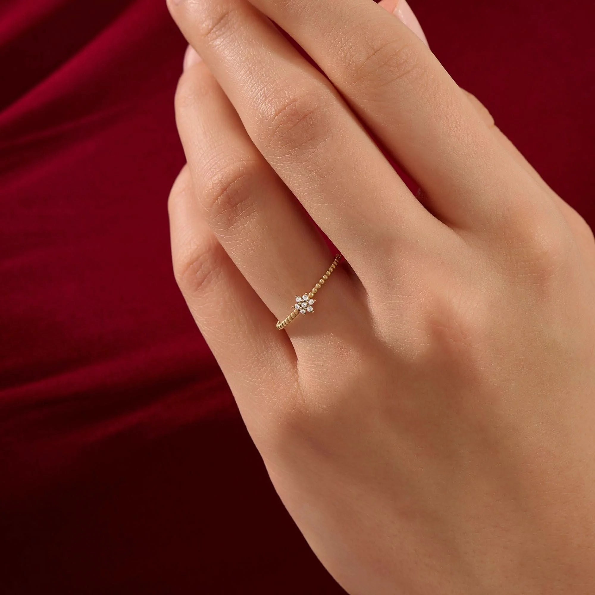 14K SOLID GOLD BEADED BAND TINY FLOWER PROMISE RING FOR WOMEN
