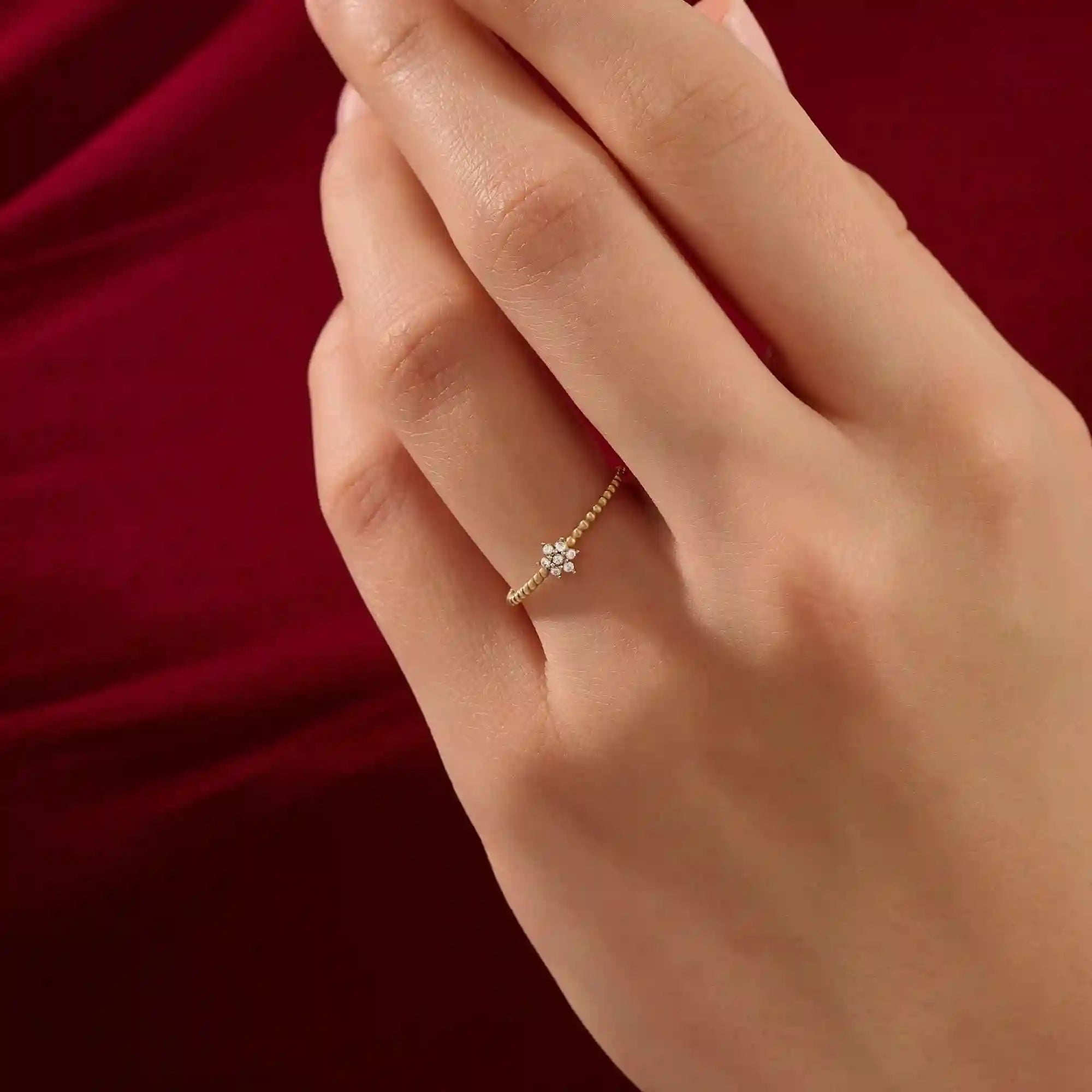 14K SOLID GOLD BEADED BAND TINY FLOWER PROMISE RING FOR WOMEN