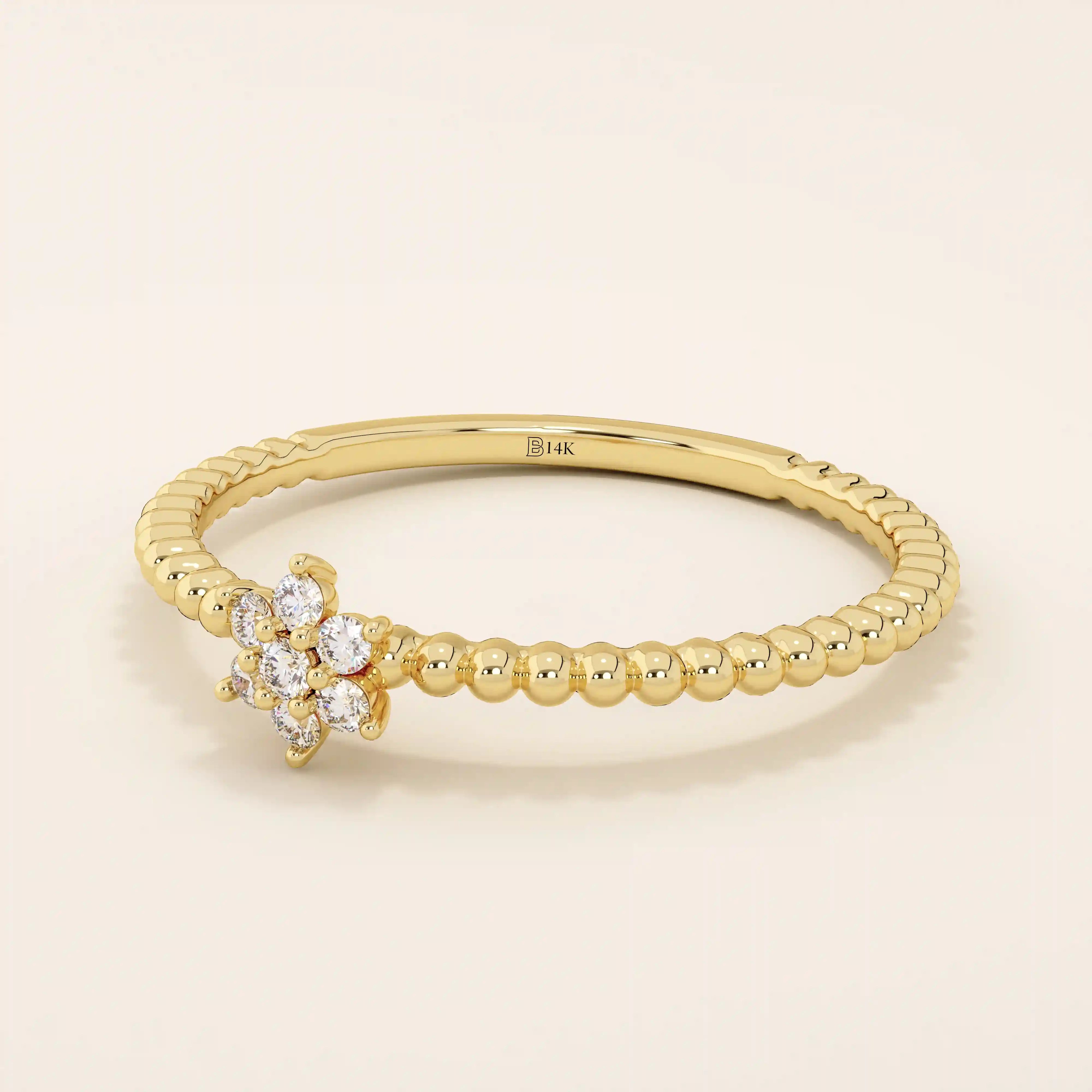 14K SOLID GOLD BEADED BAND TINY FLOWER PROMISE RING FOR WOMEN