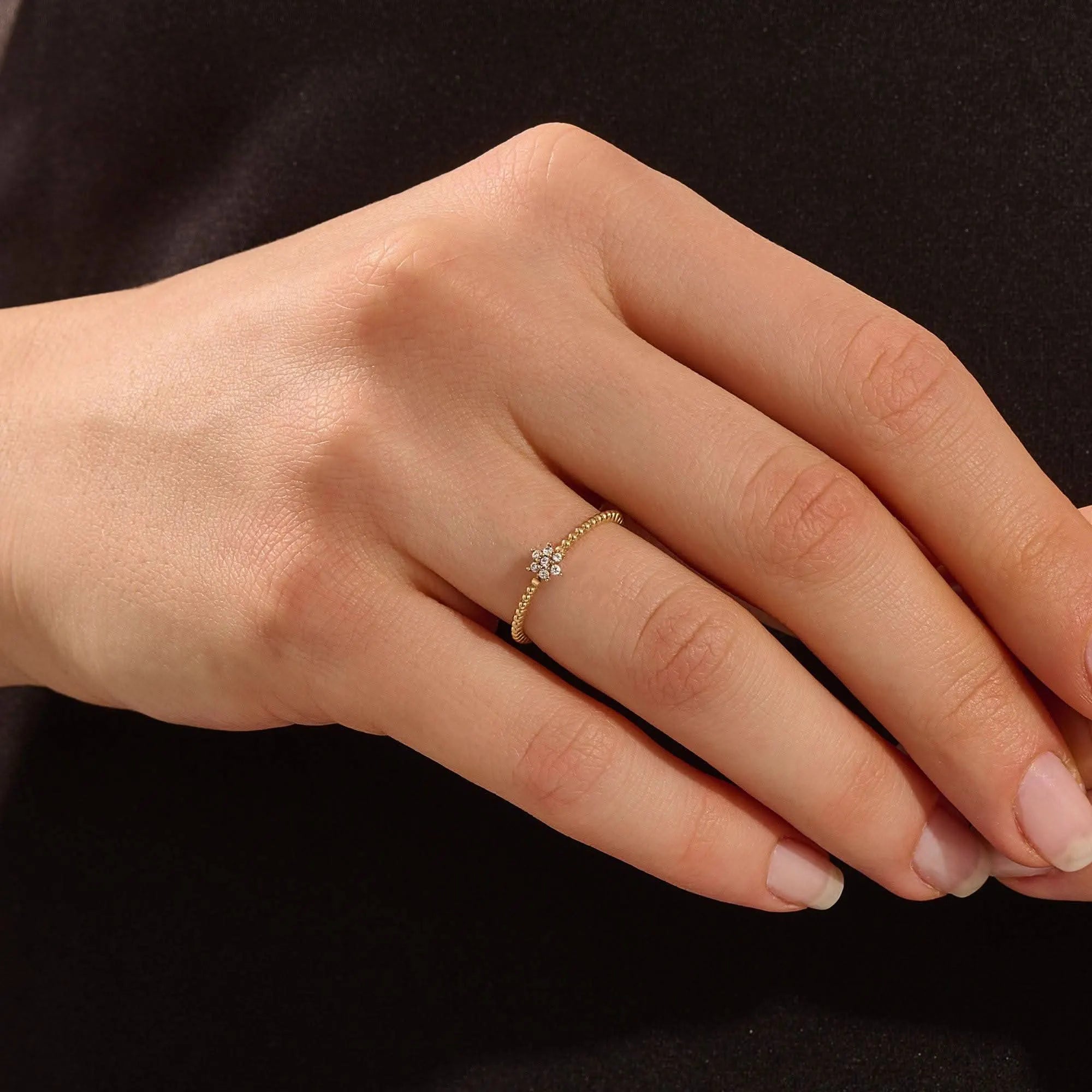 14K SOLID GOLD BEADED BAND TINY FLOWER PROMISE RING FOR WOMEN