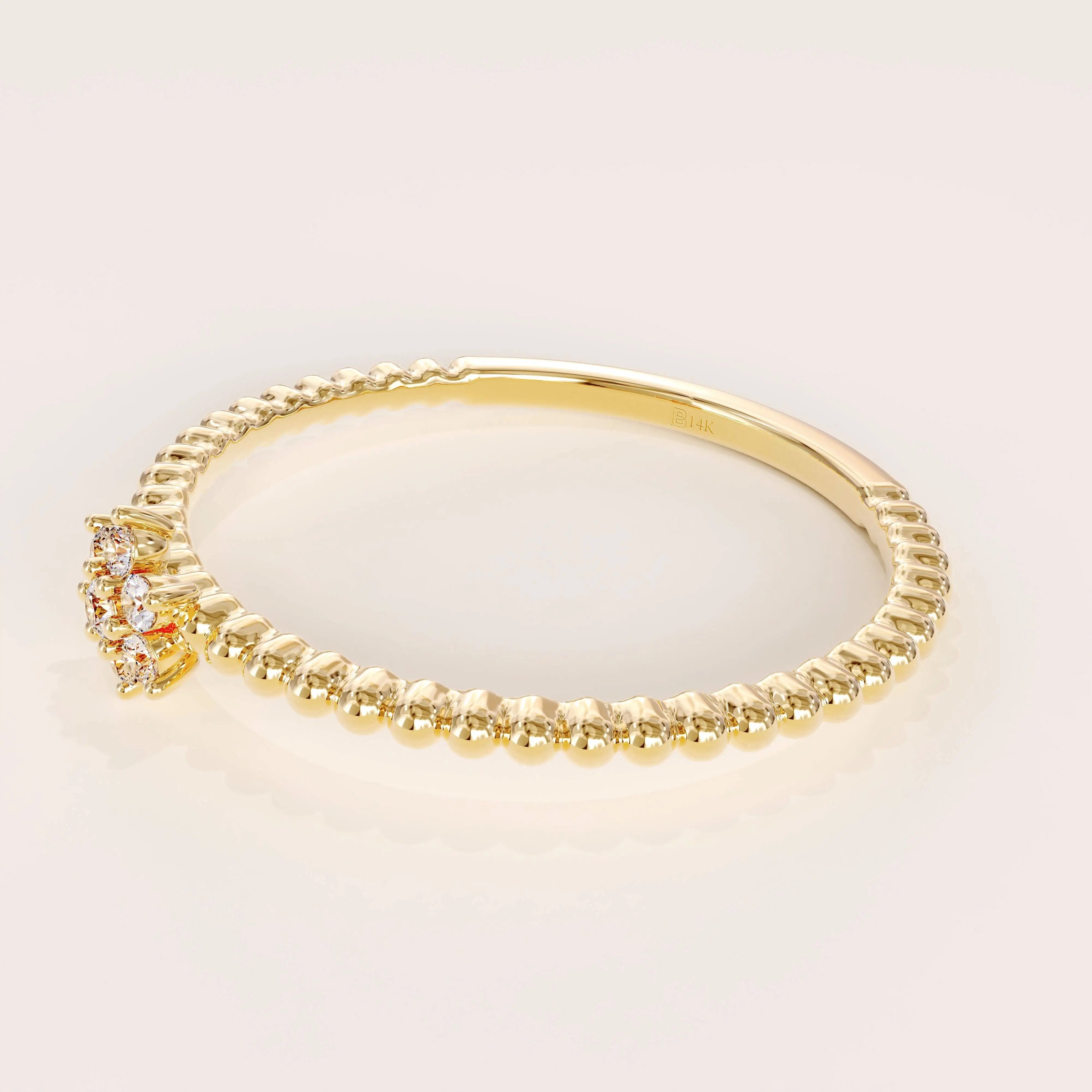 14K SOLID GOLD BEADED BAND TINY FLOWER PROMISE RING FOR WOMEN