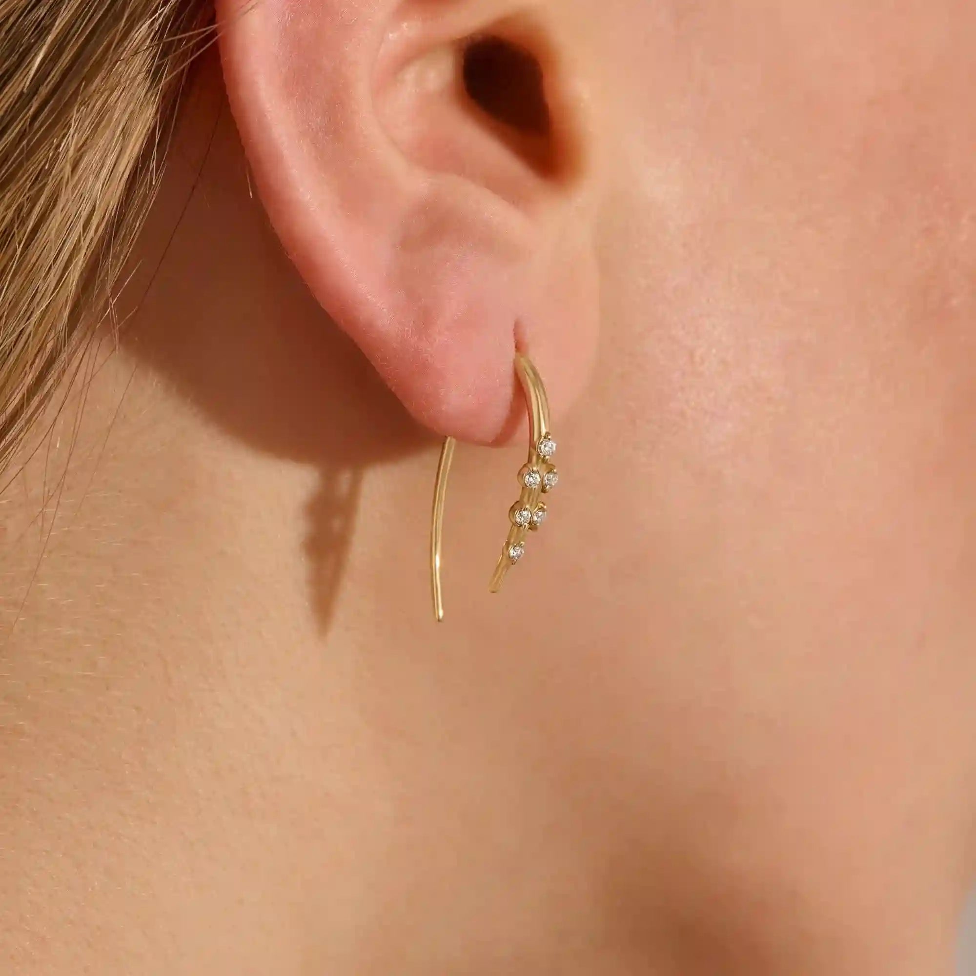 14k solid gold u shape threader earrings with tiny moissanite stones for women