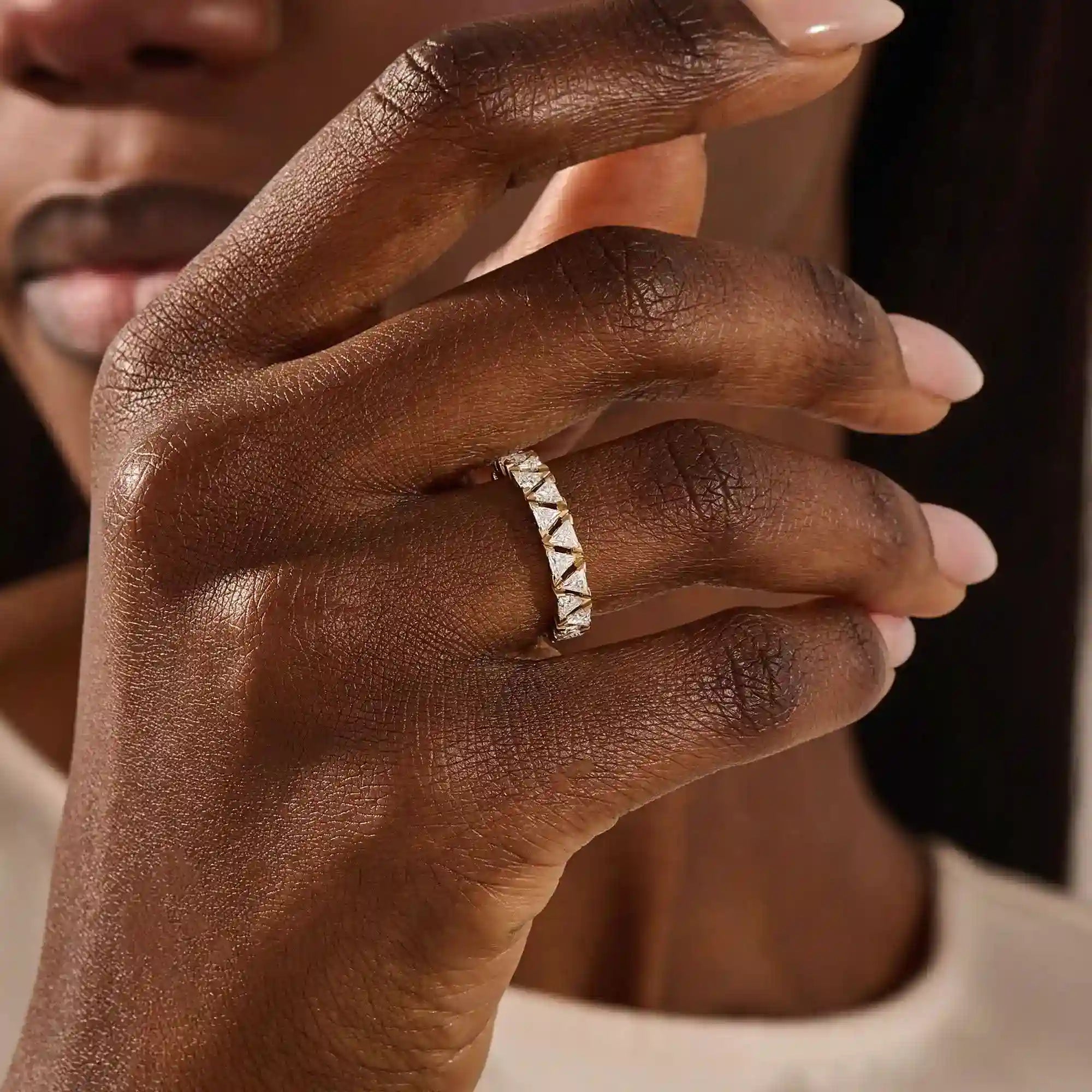 Gold triangle  ring with moissanite accents 