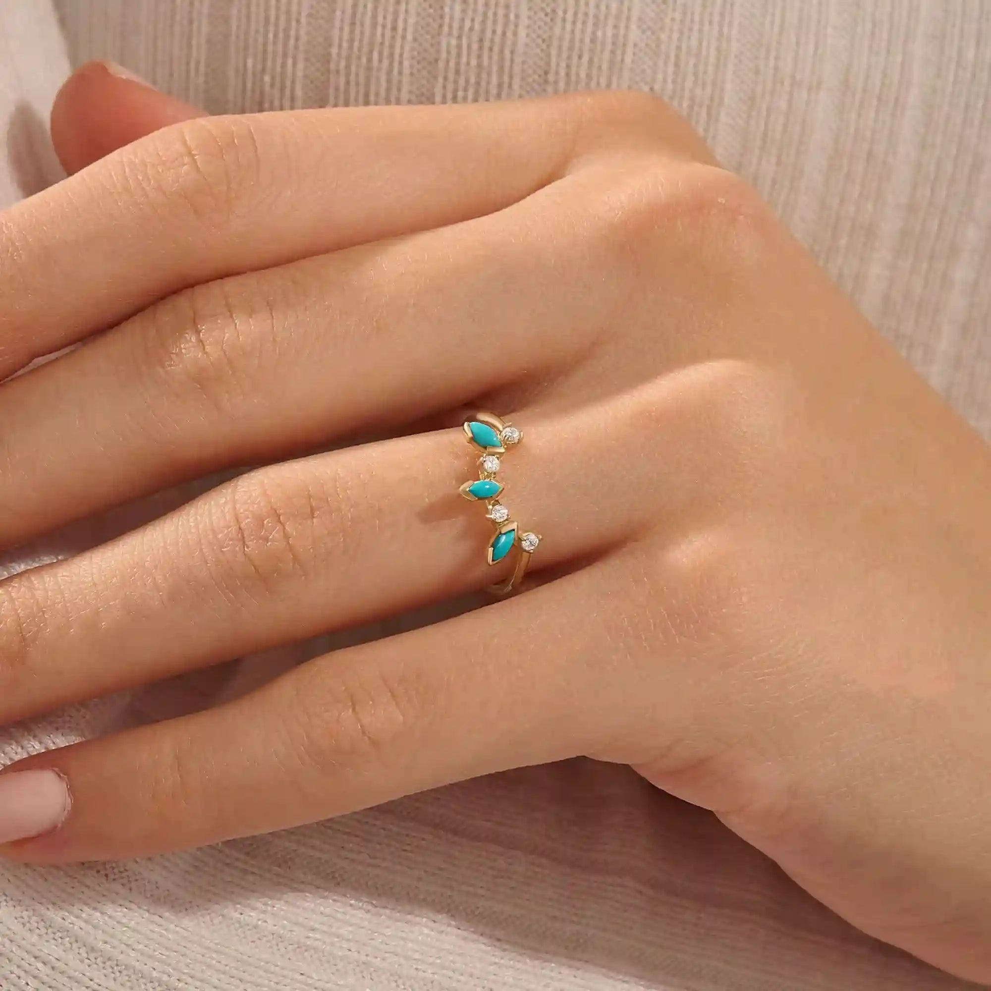 14K SOLID GOLD MARQUISE TURQUOISE STACKABLE CURVE RING FOR WOMEN