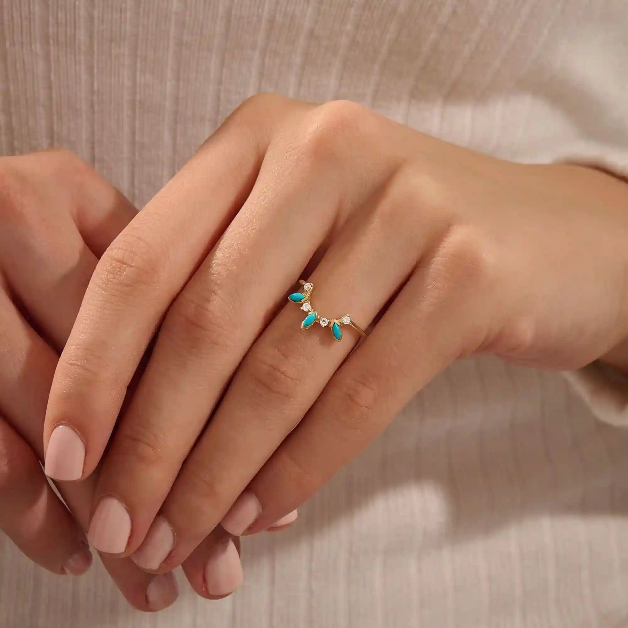14K SOLID GOLD MARQUISE TURQUOISE STACKABLE CURVE RING FOR WOMEN
