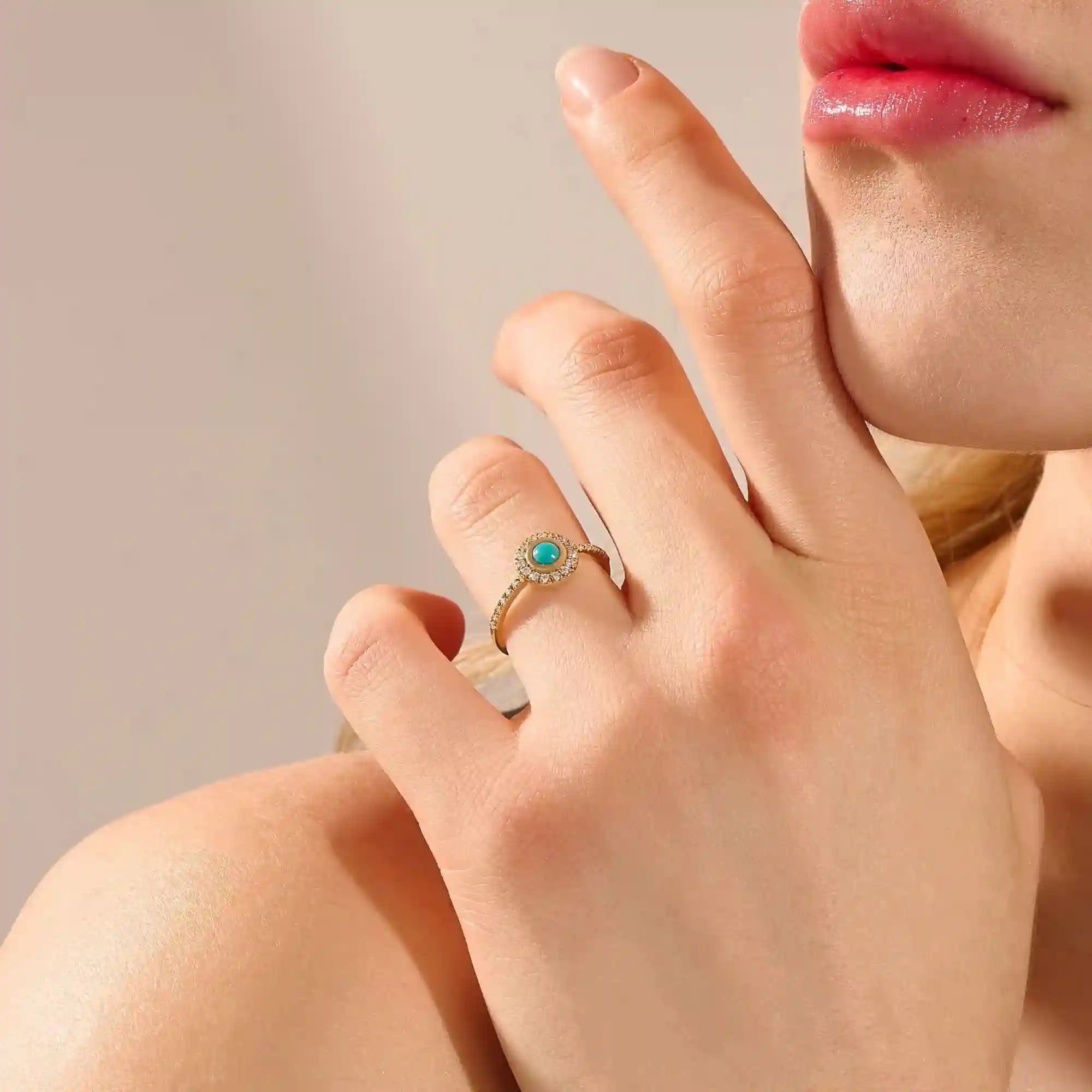 14k solid gold turquoise and moissanite stones halo engagement ring for women