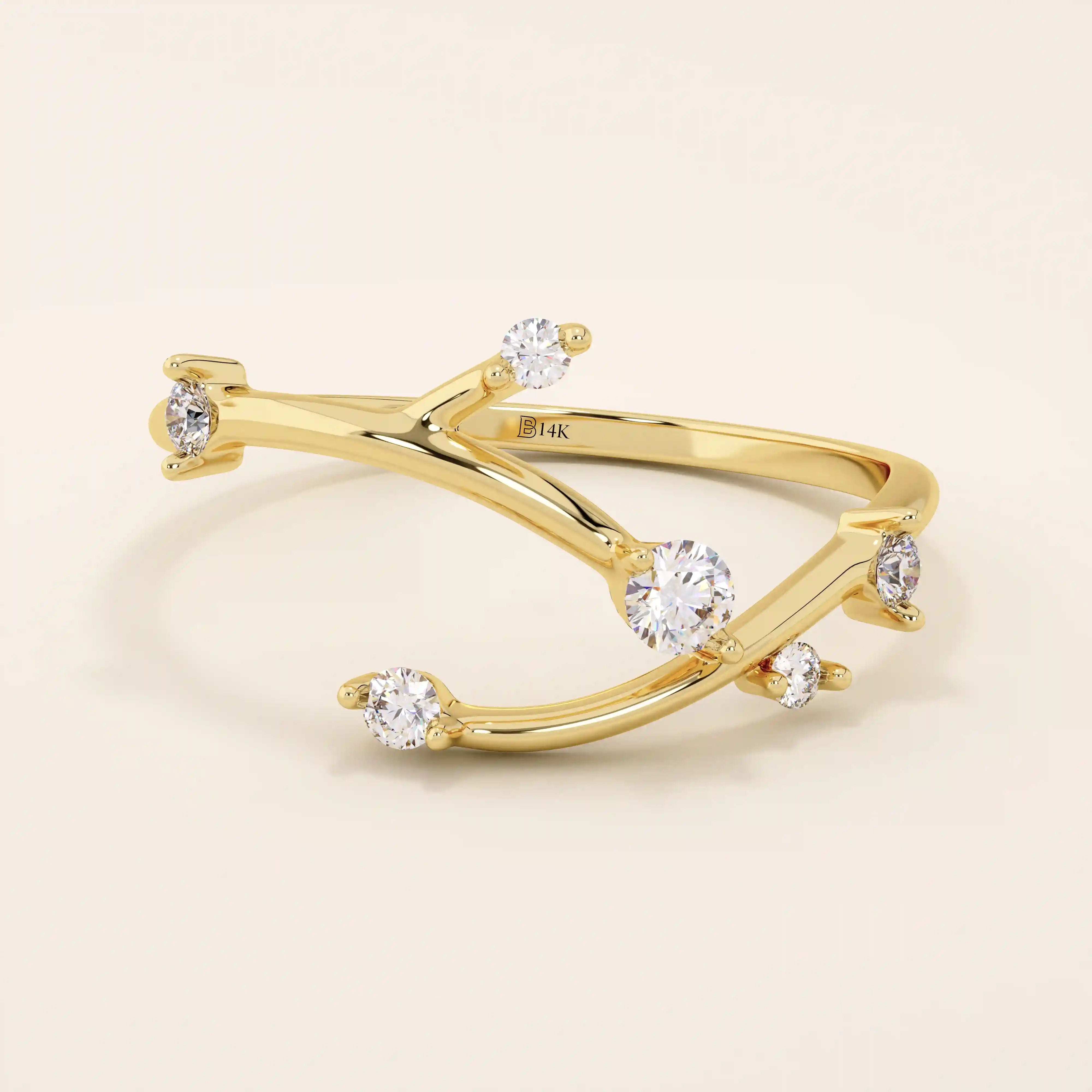 NATURE INSPIRED TREE BRANCH TWIG CURVE STACKING WEDDING RING IN 14K SOLID GOLD FOR WOMEN