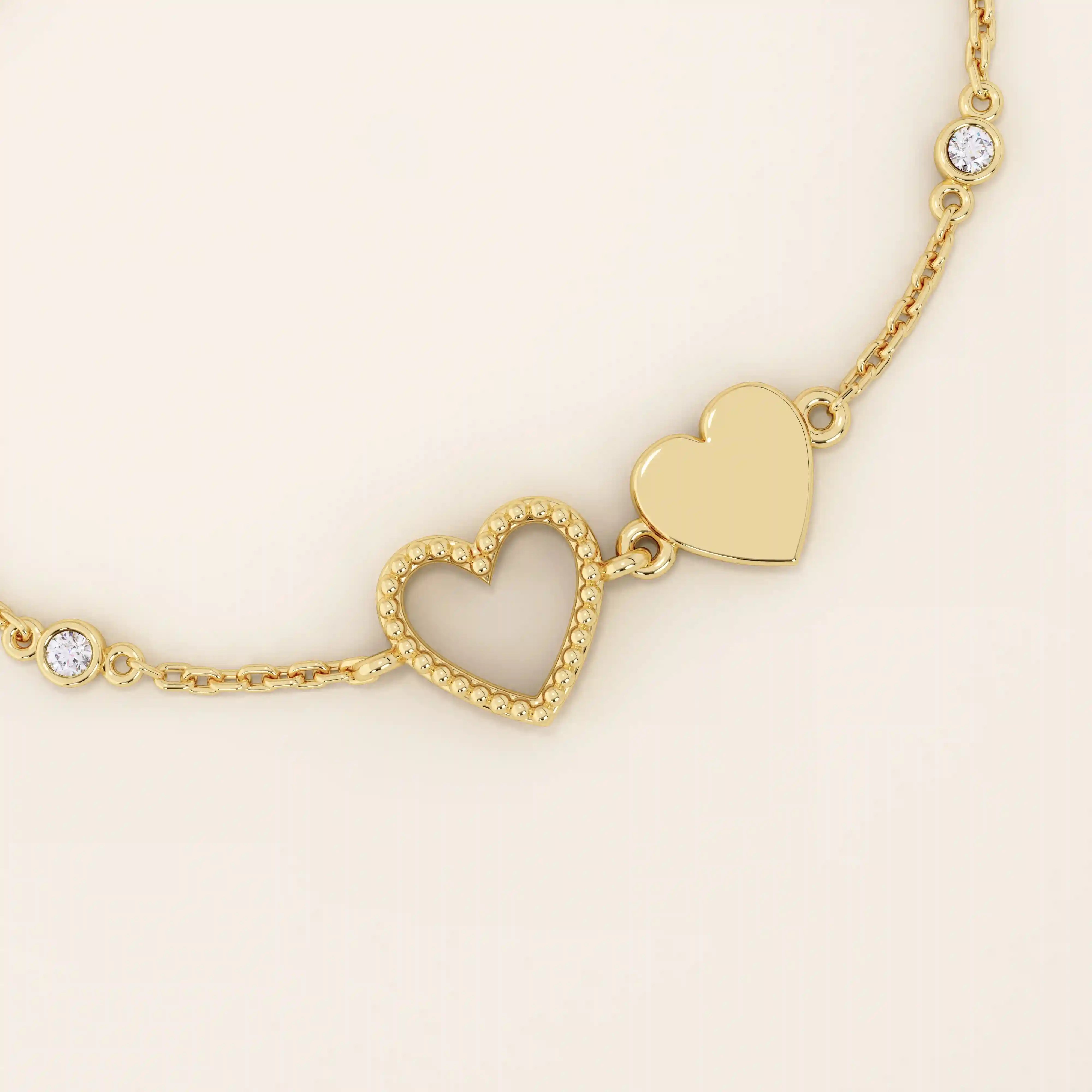 14k solid gold twin double heart bracelet with tiny moissanite for women