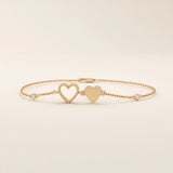14k solid gold twin double heart bracelet with tiny moissanite for women