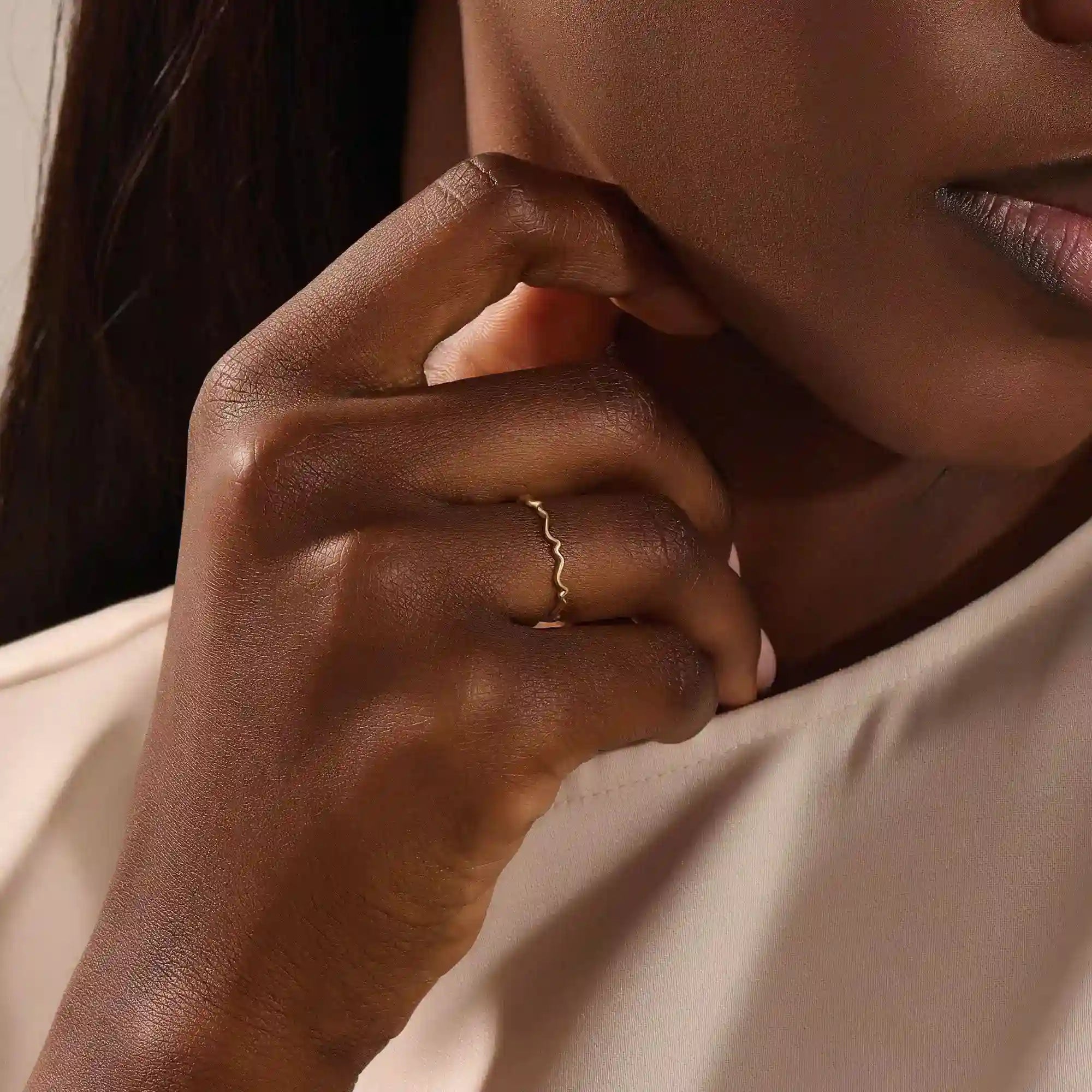 14k solid gold ultra thin wavy stacking ring for women