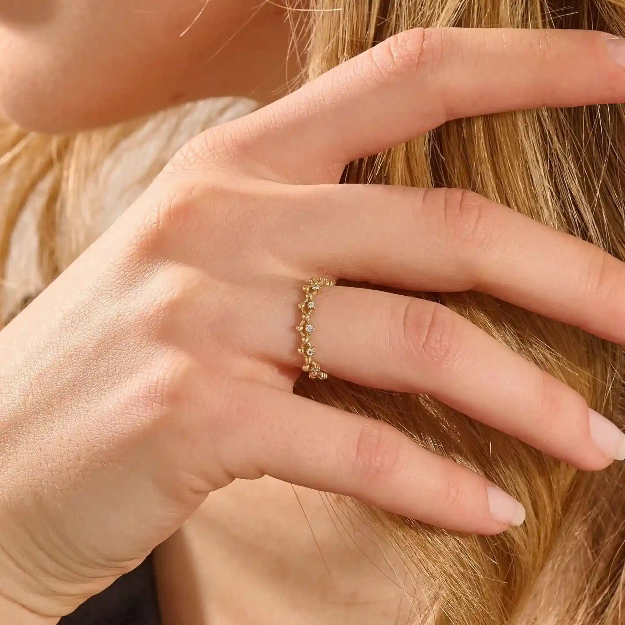 14K SOLID GOLD BEADED HALF ETERNITY WEDDING RING FOR WOMEN