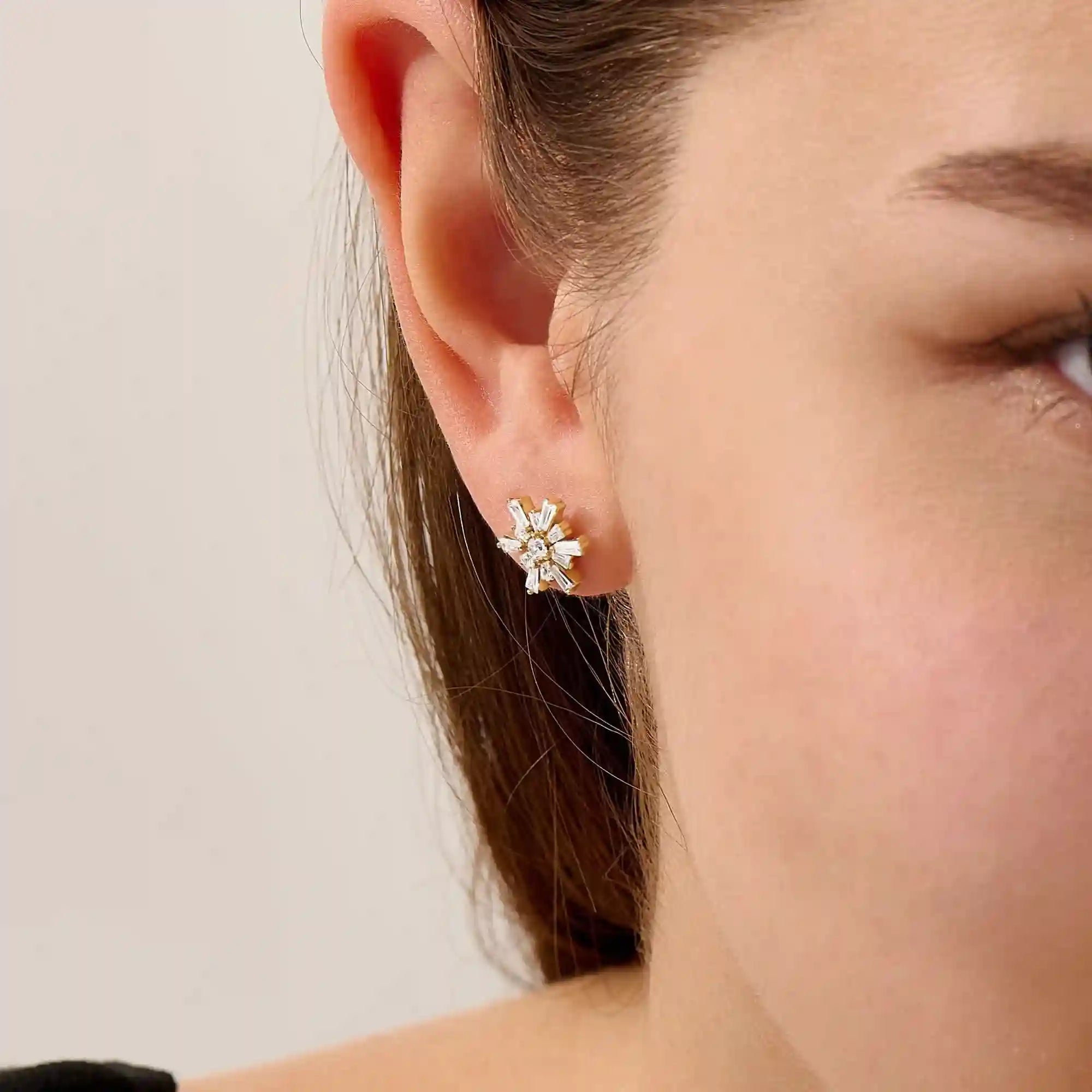 14k solid gold tapered baguette cluster unique flower stud earring for women