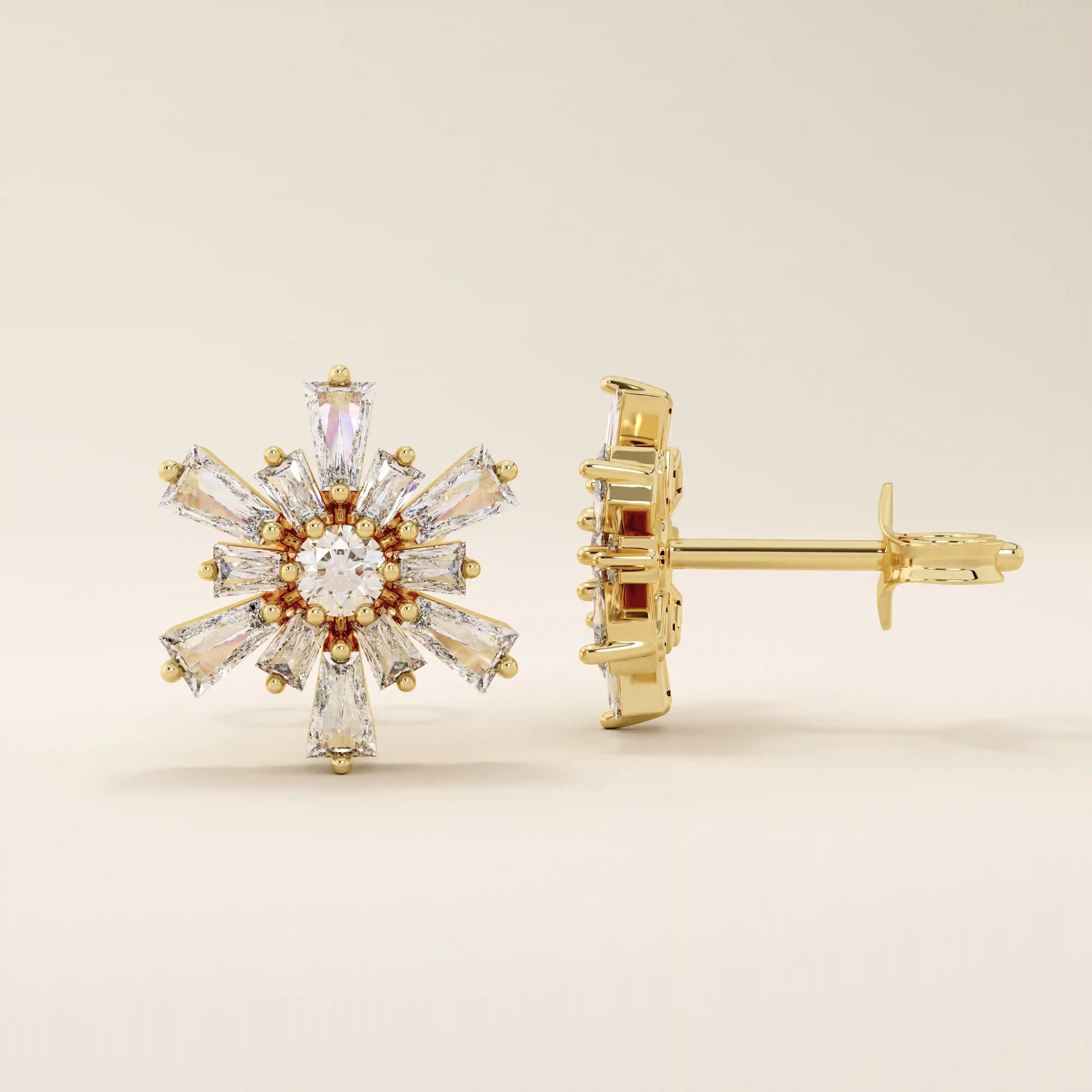 14k solid gold tapered baguette cluster unique flower stud earring for women