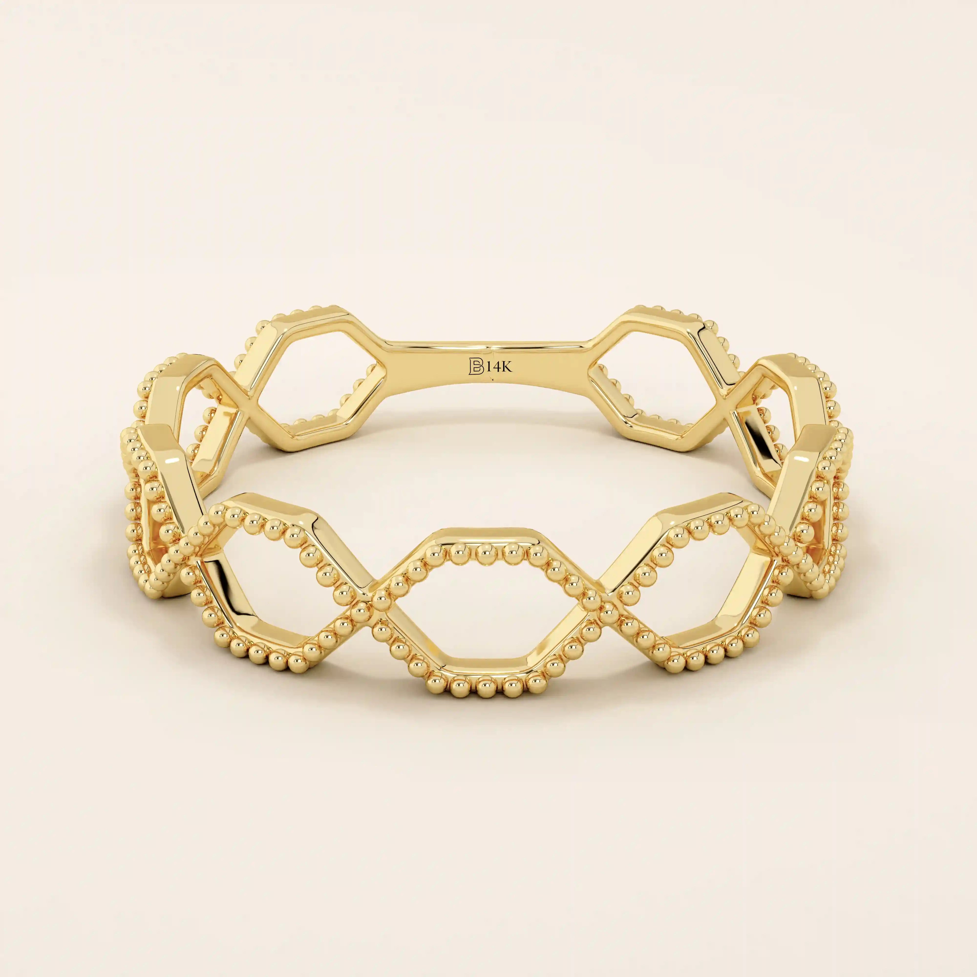14K SOLID GOLD MILGRAIN HEXAGON WEDDING RING FOR WOMEN