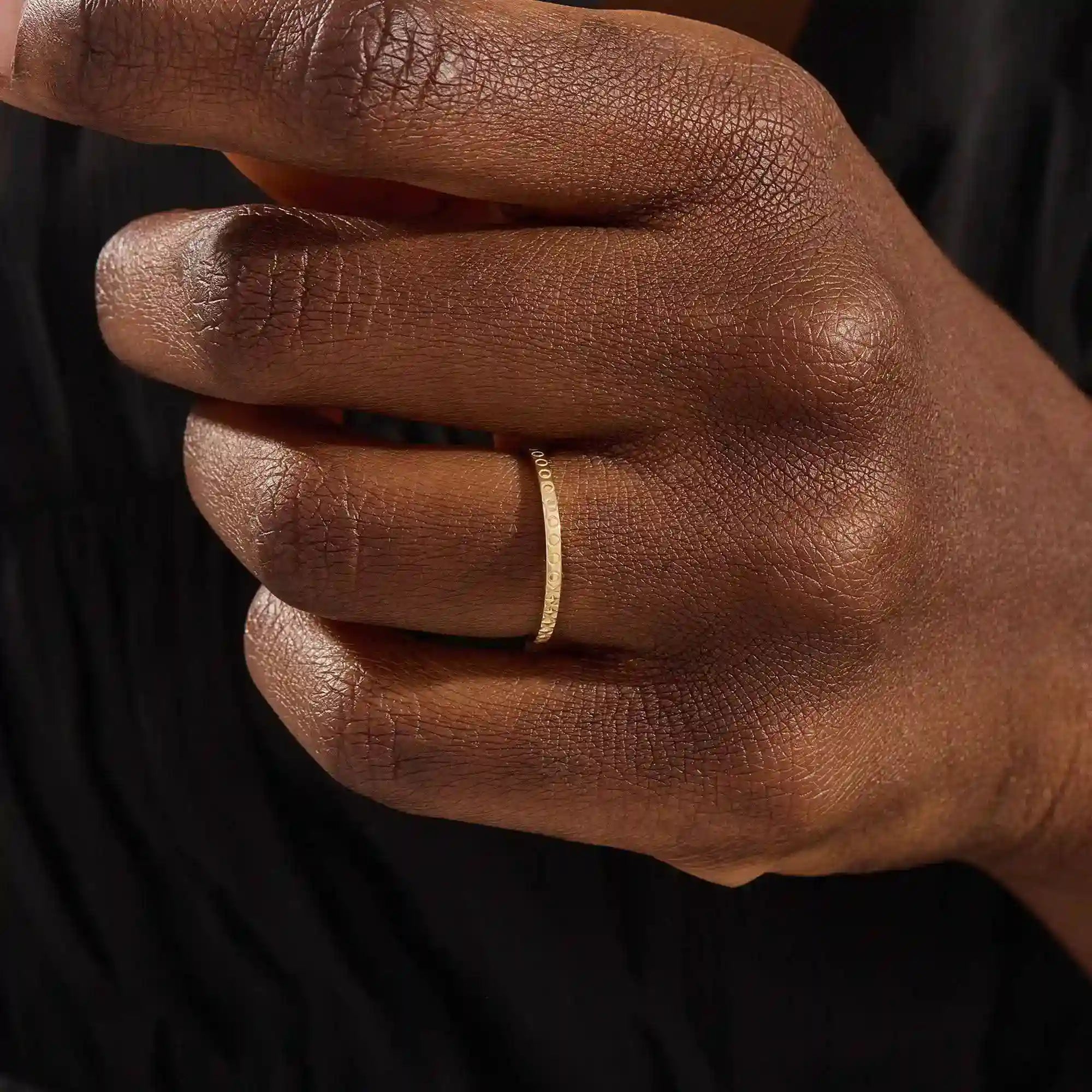 elegant slim stackable wedding ring with unique x pyramid and circle patterns on both sides in 14k solid yellow gold for both men and women