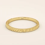 elegant slim stackable wedding ring with unique x pyramid and circle patterns on both sides in 14k solid yellow gold for both men and women