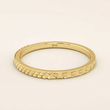 elegant slim stackable wedding ring with unique x pyramid and circle patterns on both sides in 14k solid yellow gold for both men and women