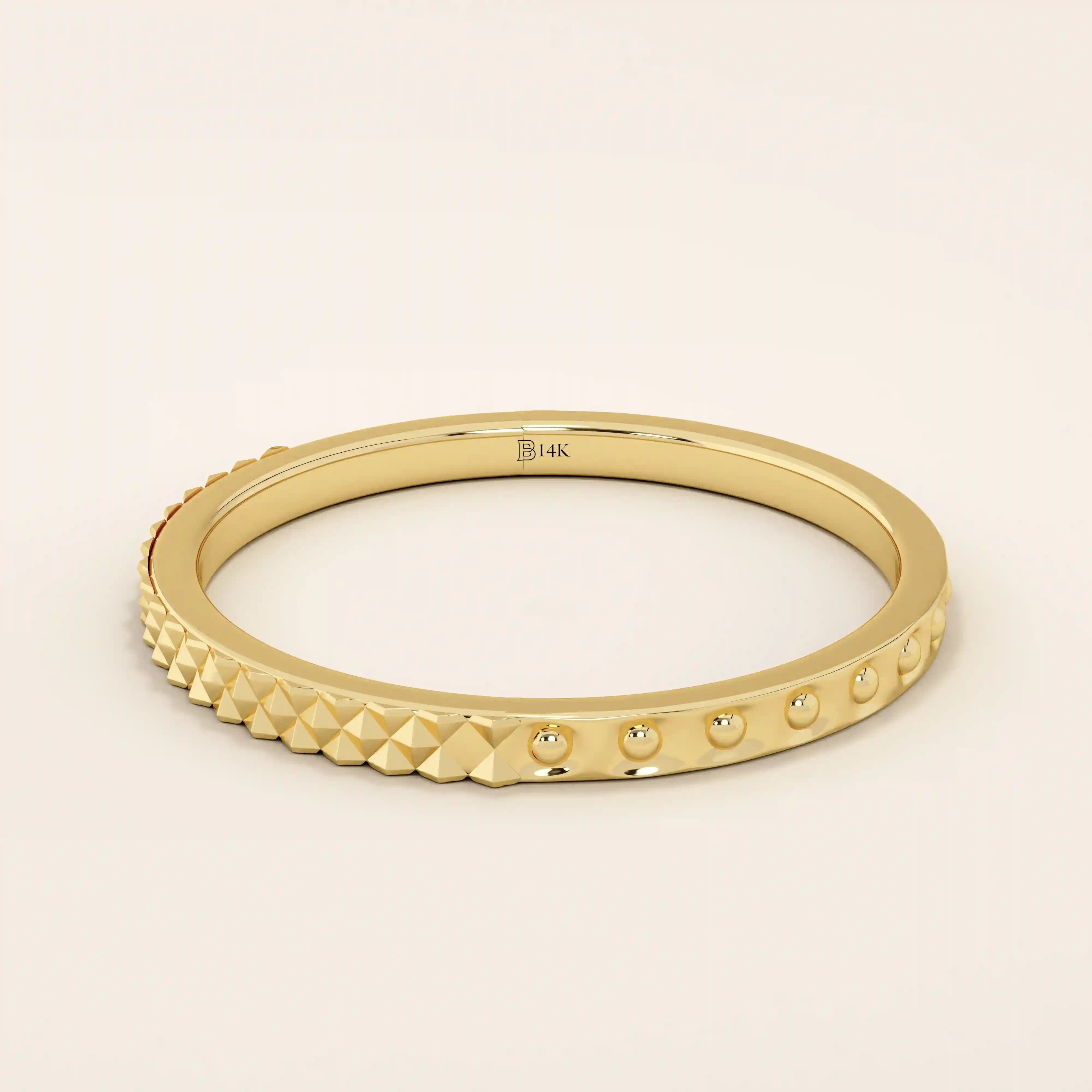 elegant slim stackable wedding ring with unique x pyramid and circle patterns on both sides in 14k solid yellow gold for both men and women