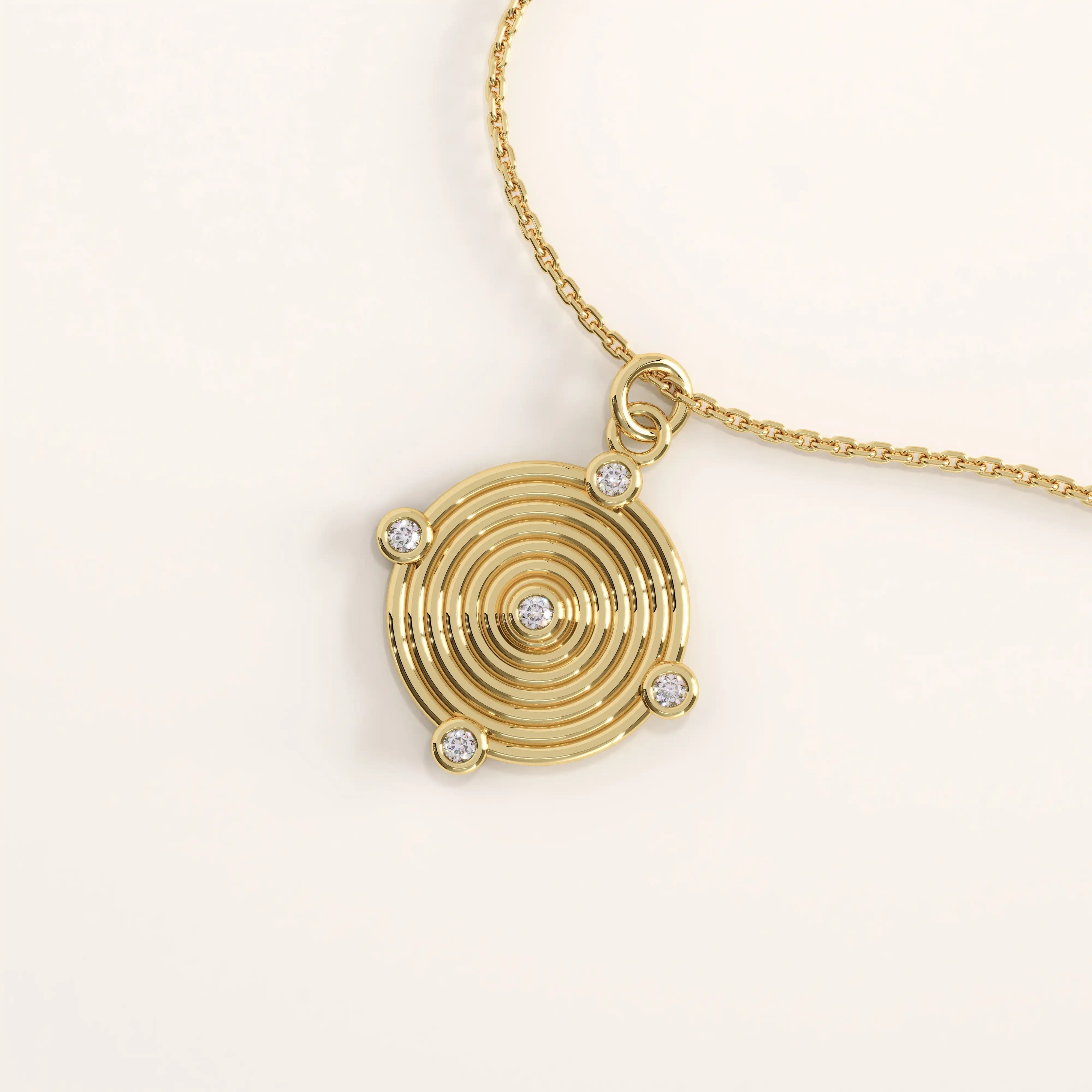 14k gold vermeil unique round necklace featuring a circular pendant with concentric ridges and five bezel-set cubic zirconia stones for a contemporary, radiant look.
