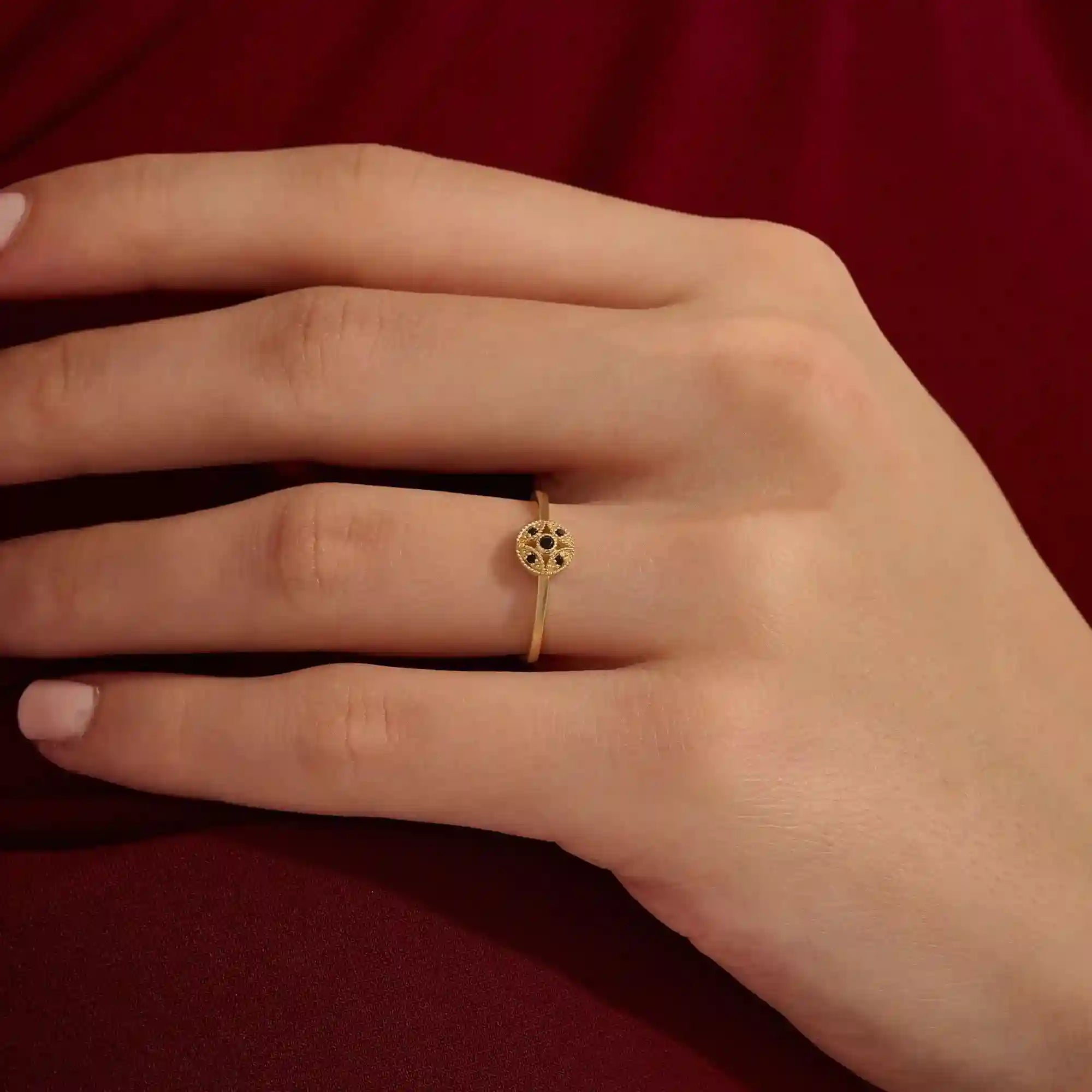 14K SOLID GOLD classic VINTAGE design and stunning black stones with intricate milgrain detailing ENGAGEMENT RING FOR WOMEN