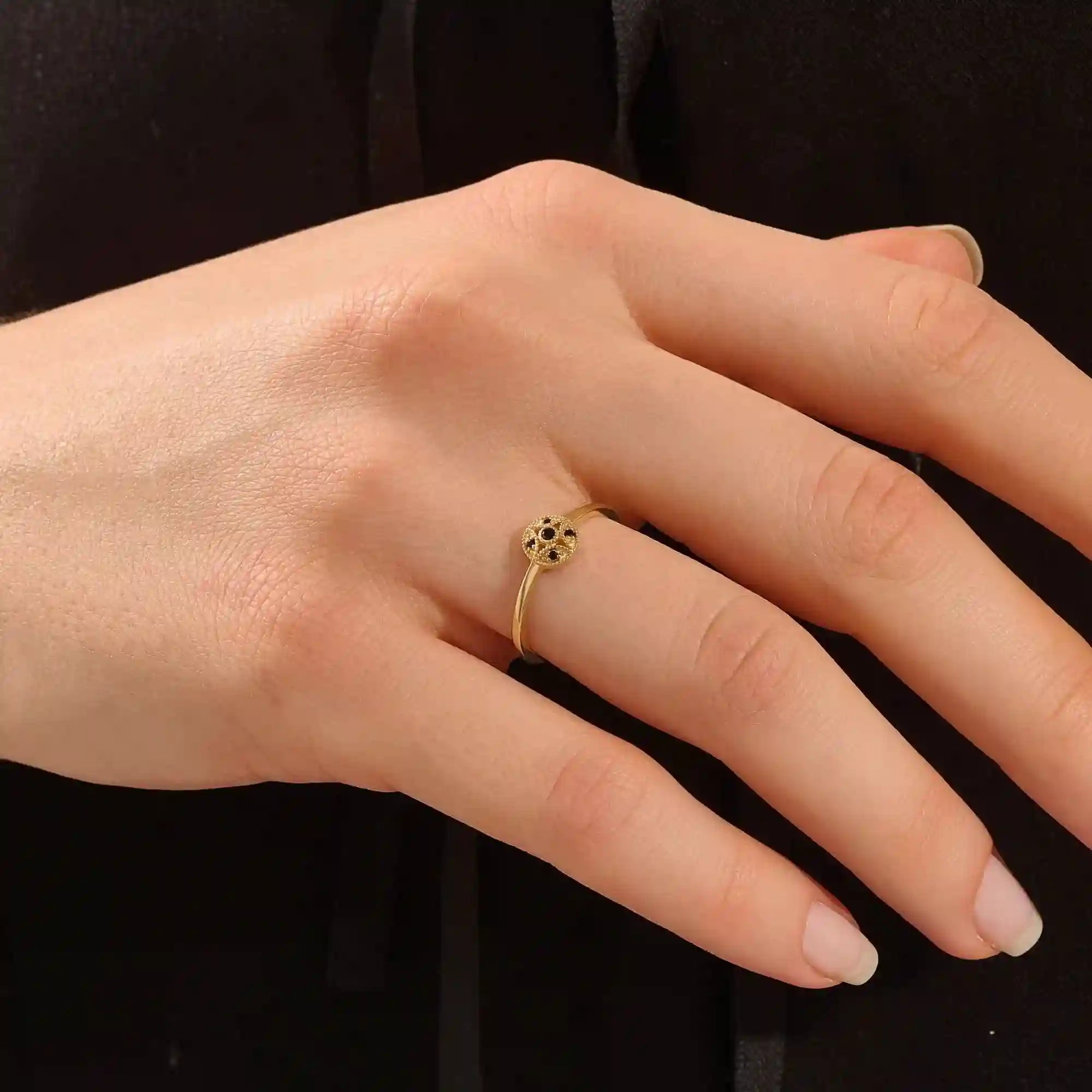 14K SOLID GOLD classic VINTAGE design and stunning black stones with intricate milgrain detailing ENGAGEMENT RING FOR WOMEN