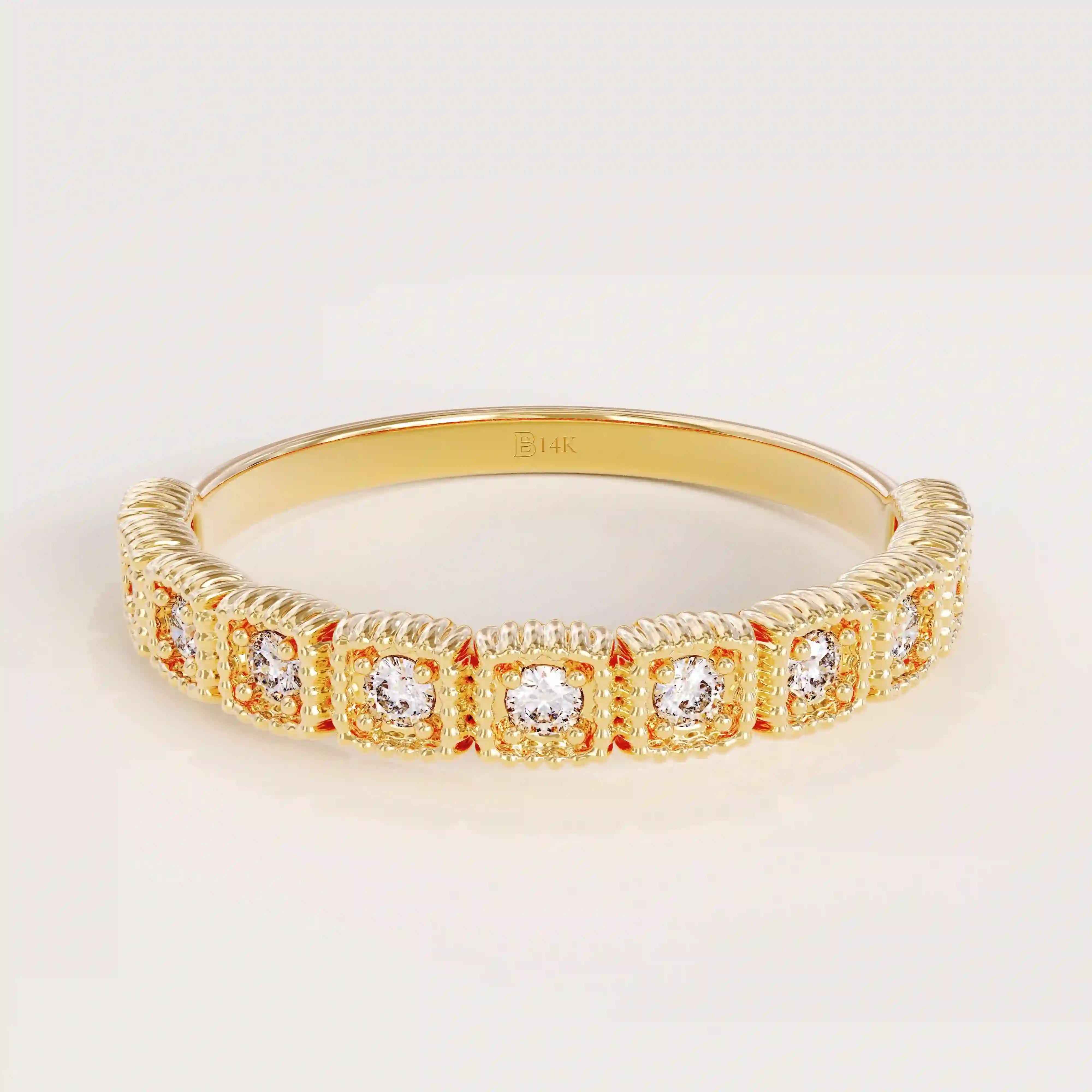 PAVE MOISSANITE HALF ETERNITY VINTAGE MILGRAIN STACKABLE WEDDING RING IN GOLD FOR WOMEN