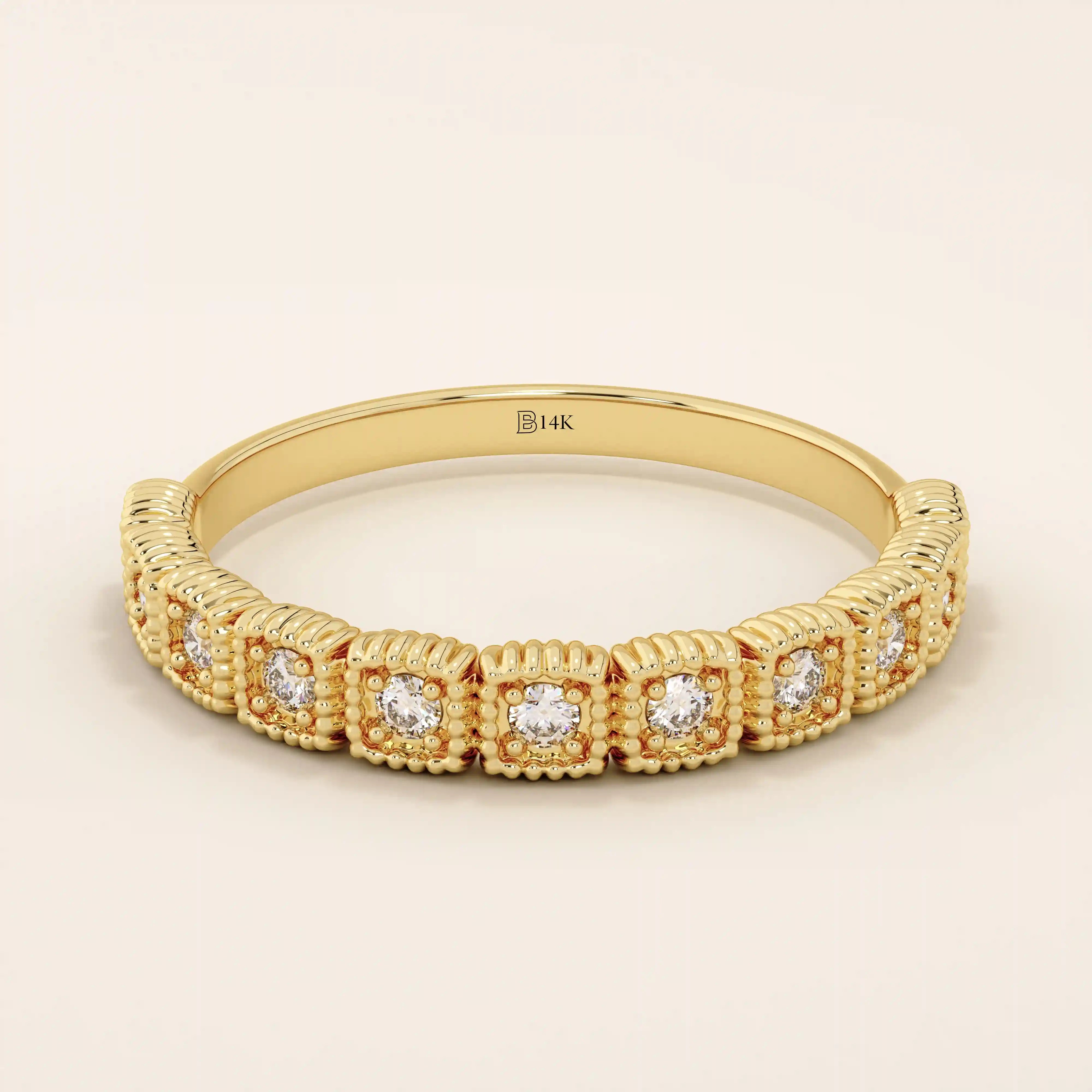 PAVE MOISSANITE HALF ETERNITY VINTAGE MILGRAIN STACKABLE WEDDING RING IN GOLD FOR WOMEN