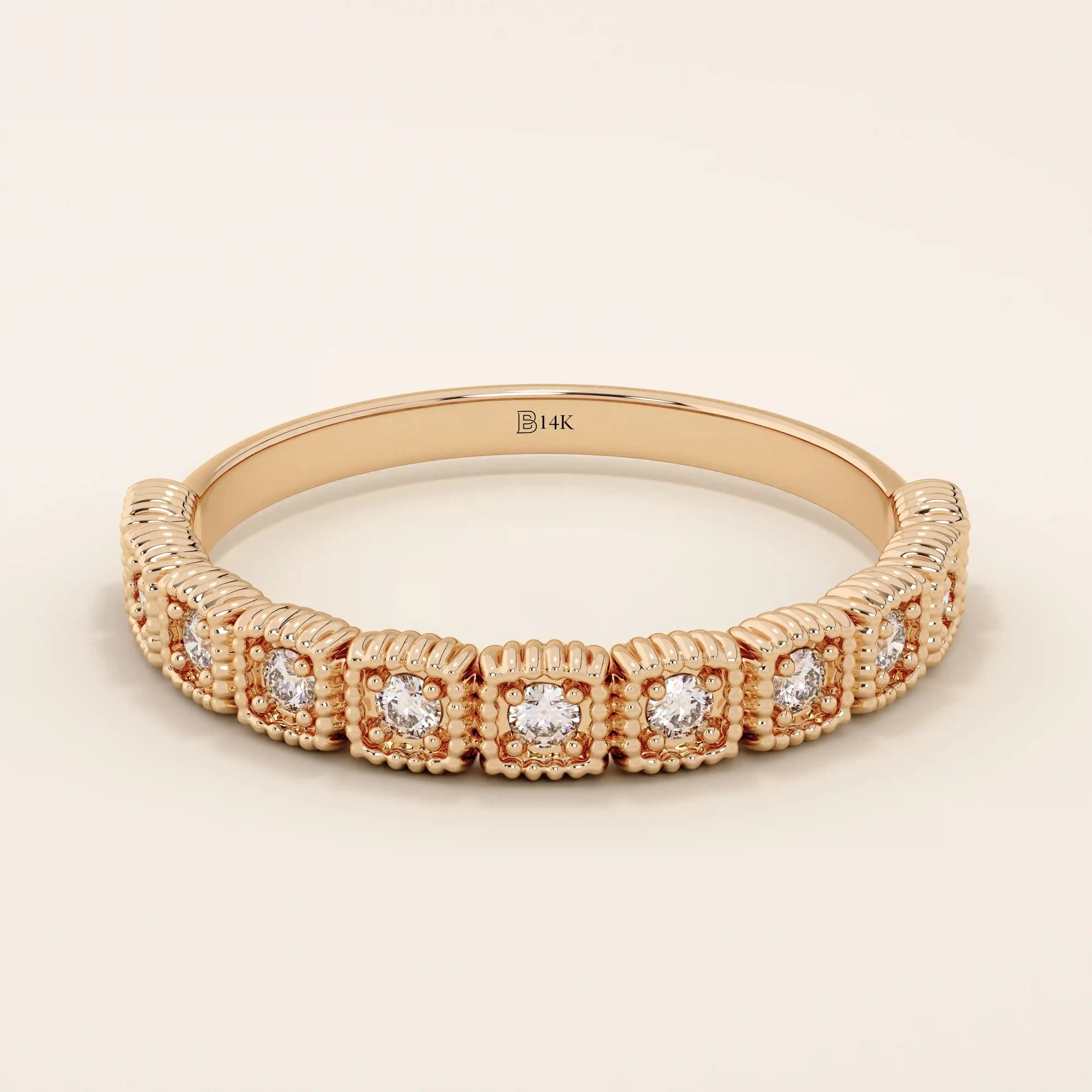 PAVE MOISSANITE HALF ETERNITY VINTAGE MILGRAIN STACKABLE WEDDING RING IN GOLD FOR WOMEN