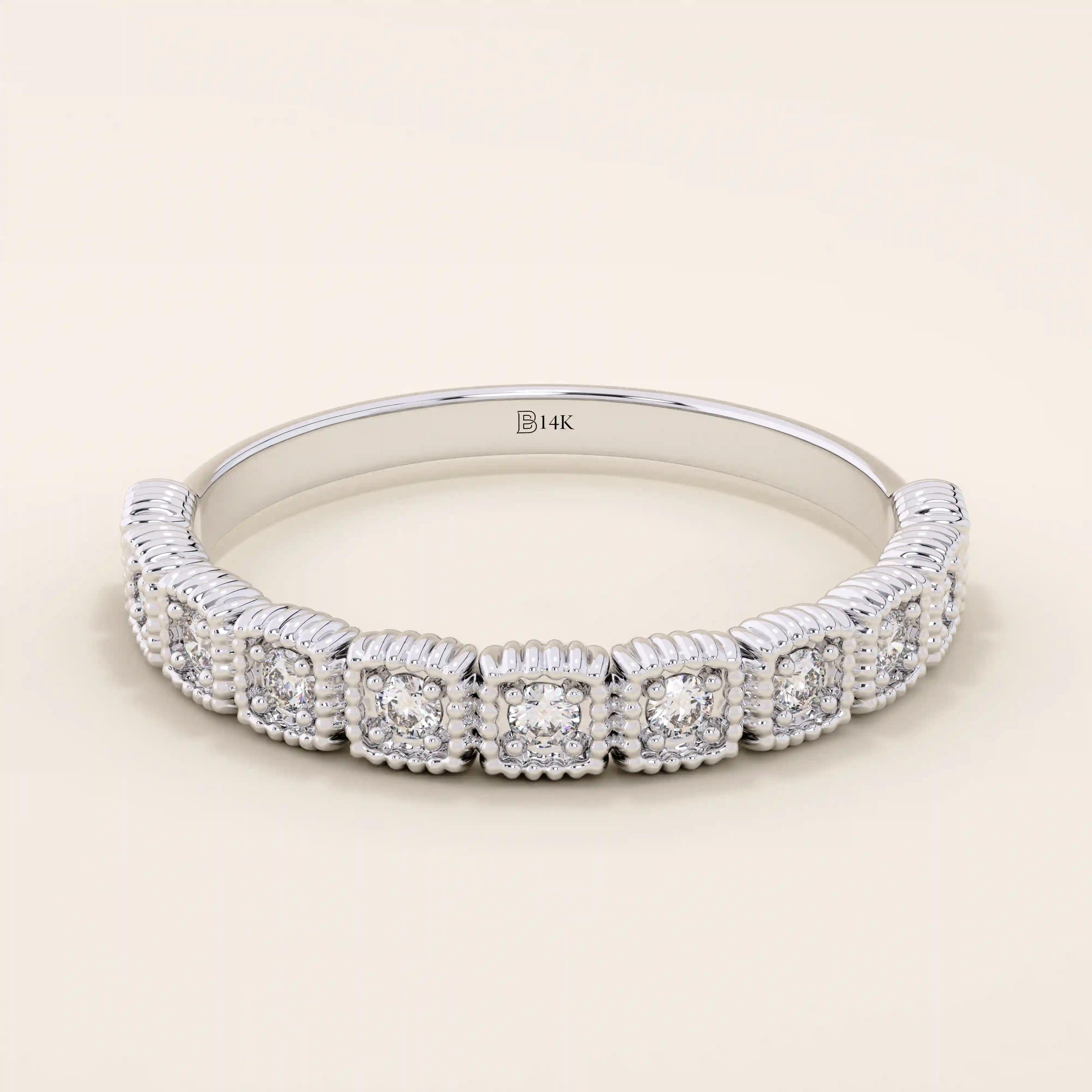 PAVE MOISSANITE HALF ETERNITY VINTAGE MILGRAIN STACKABLE WEDDING RING IN GOLD FOR WOMEN