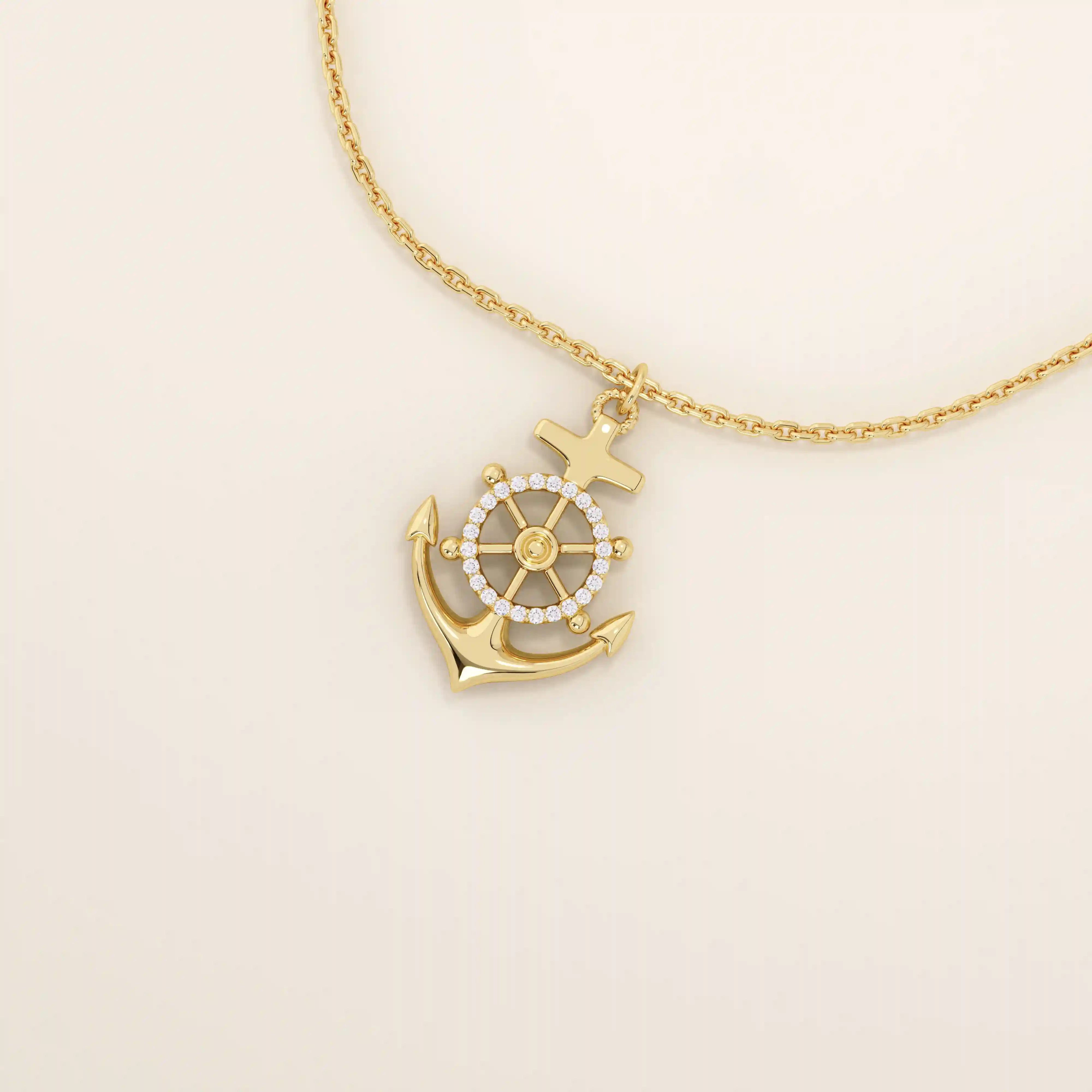 PAVE CZ WHEEL AND ANCHOR PENDANT NECKLACE IN 14K GOLD