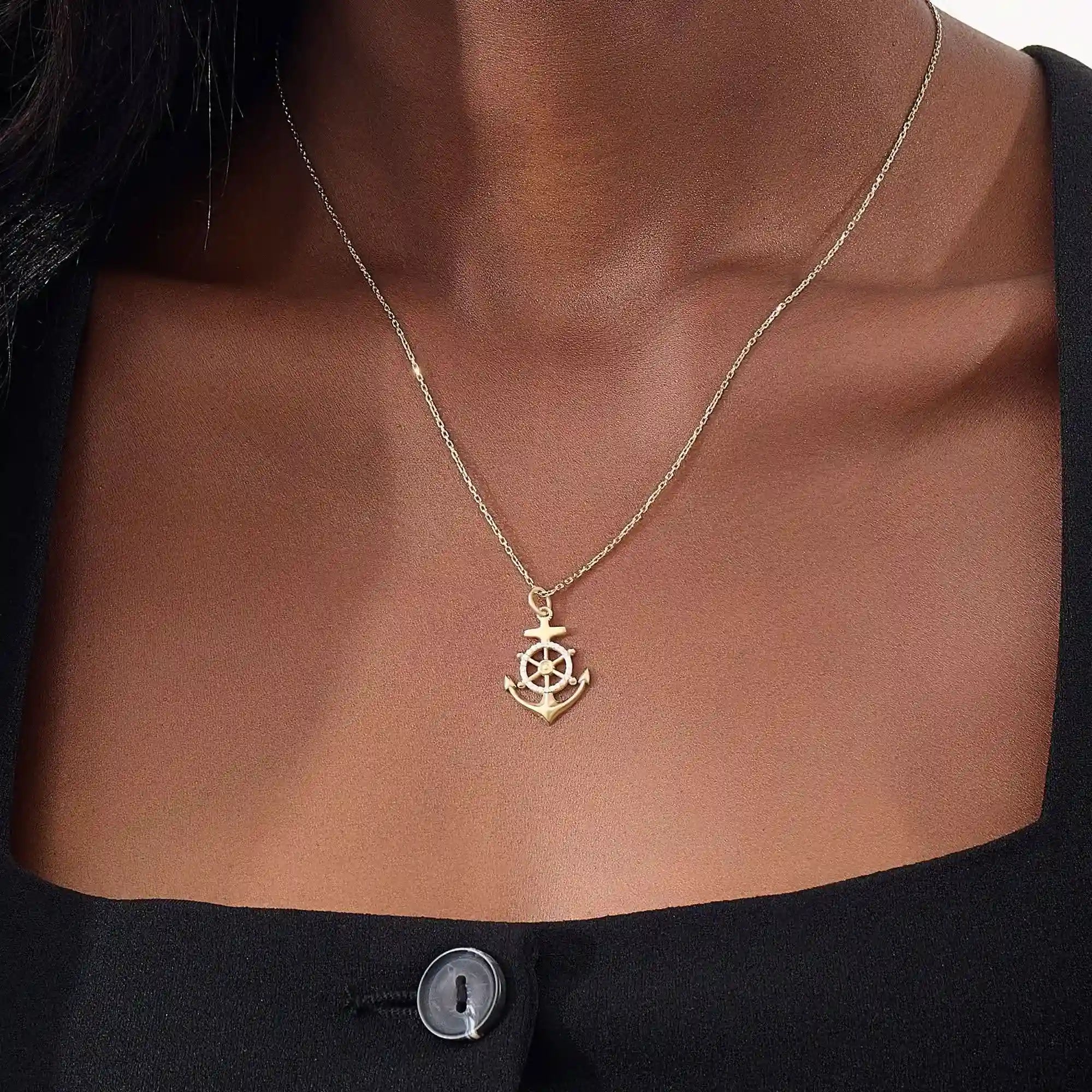 PAVE CZ WHEEL AND ANCHOR PENDANT NECKLACE IN 14K GOLD