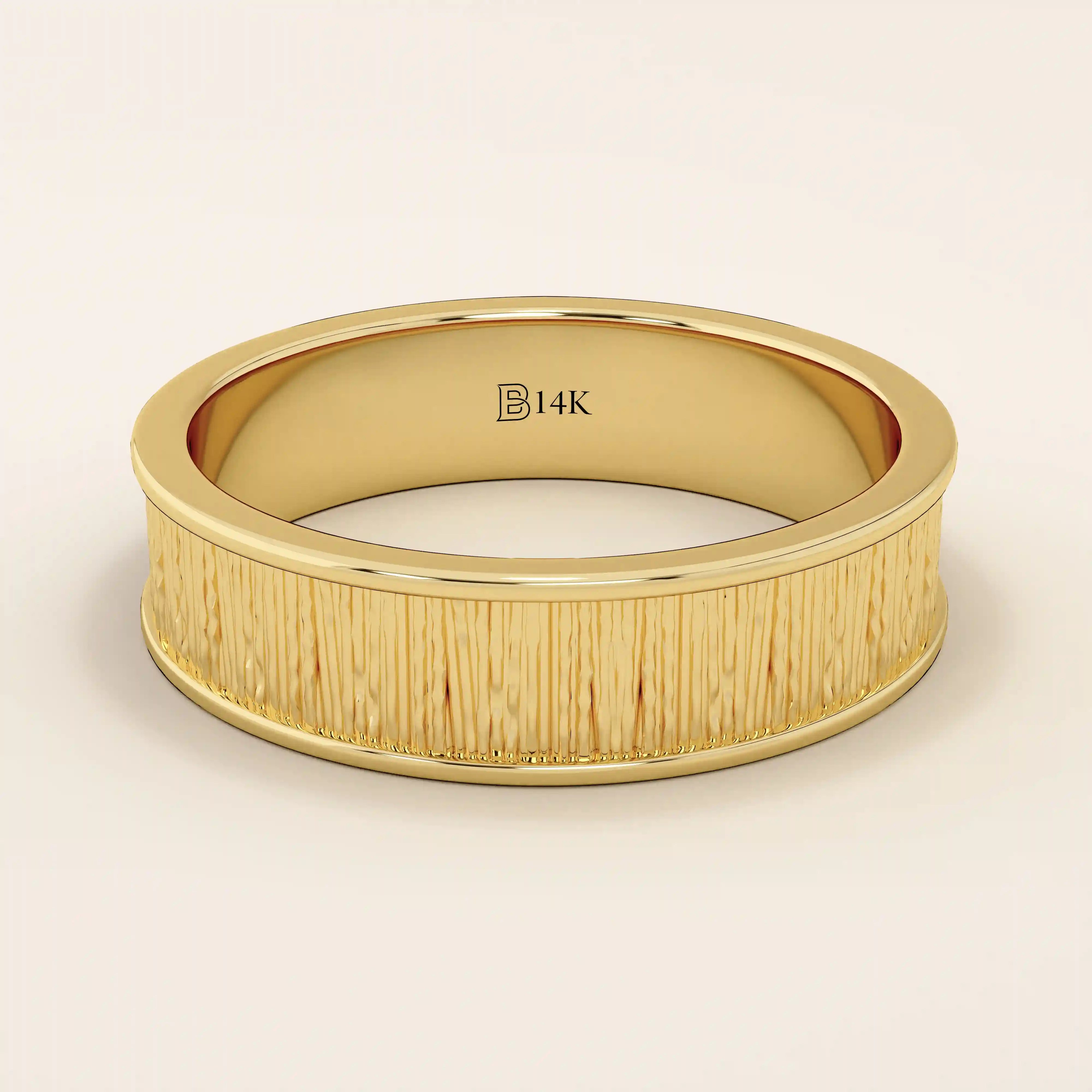 UNISEX DESIGN WOOD TEXTURED 14K SOLID GOLD THICK WEDDING 