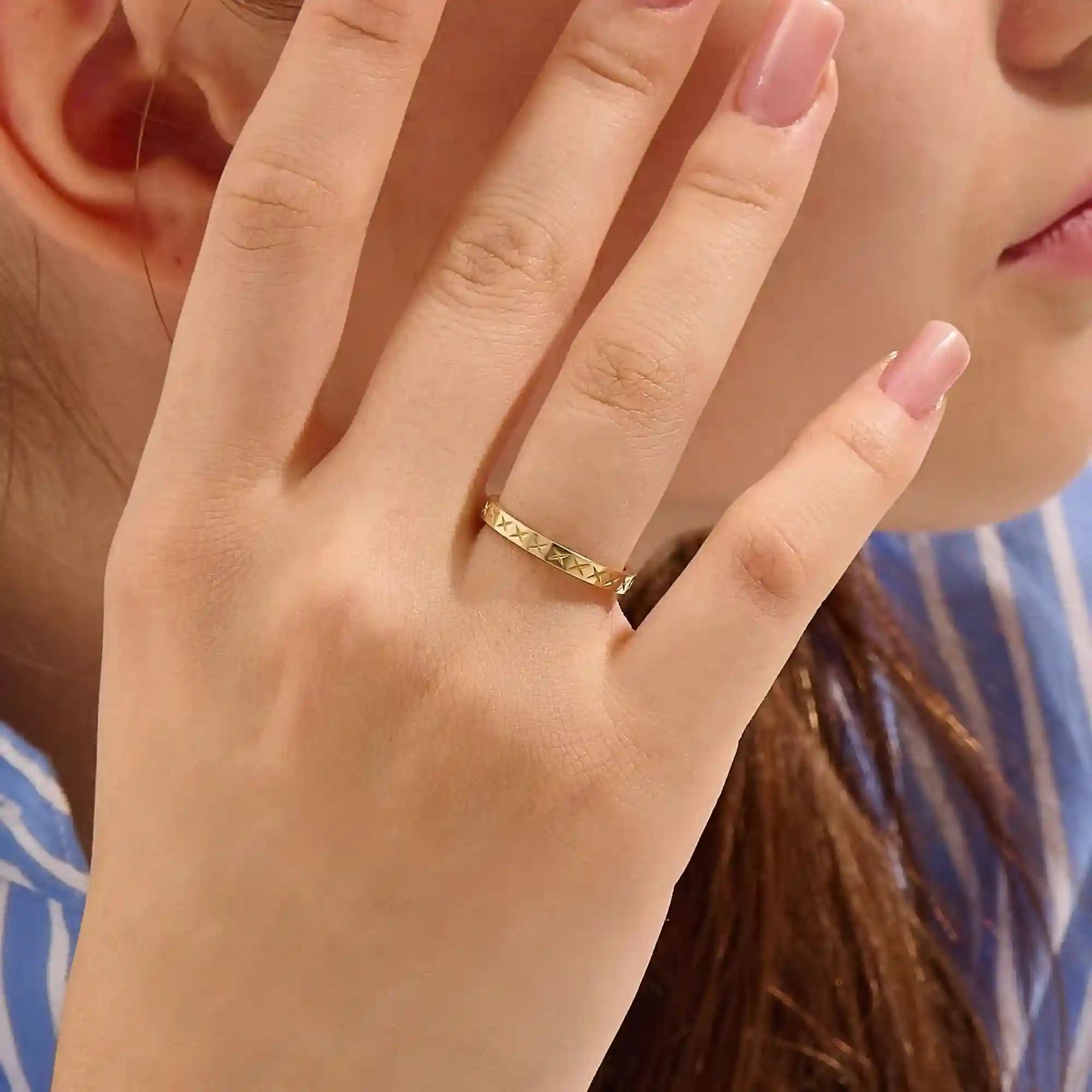 X pattern ENGRAVED unisex  alliance WEDDING BAND IN 14k solid GOLD